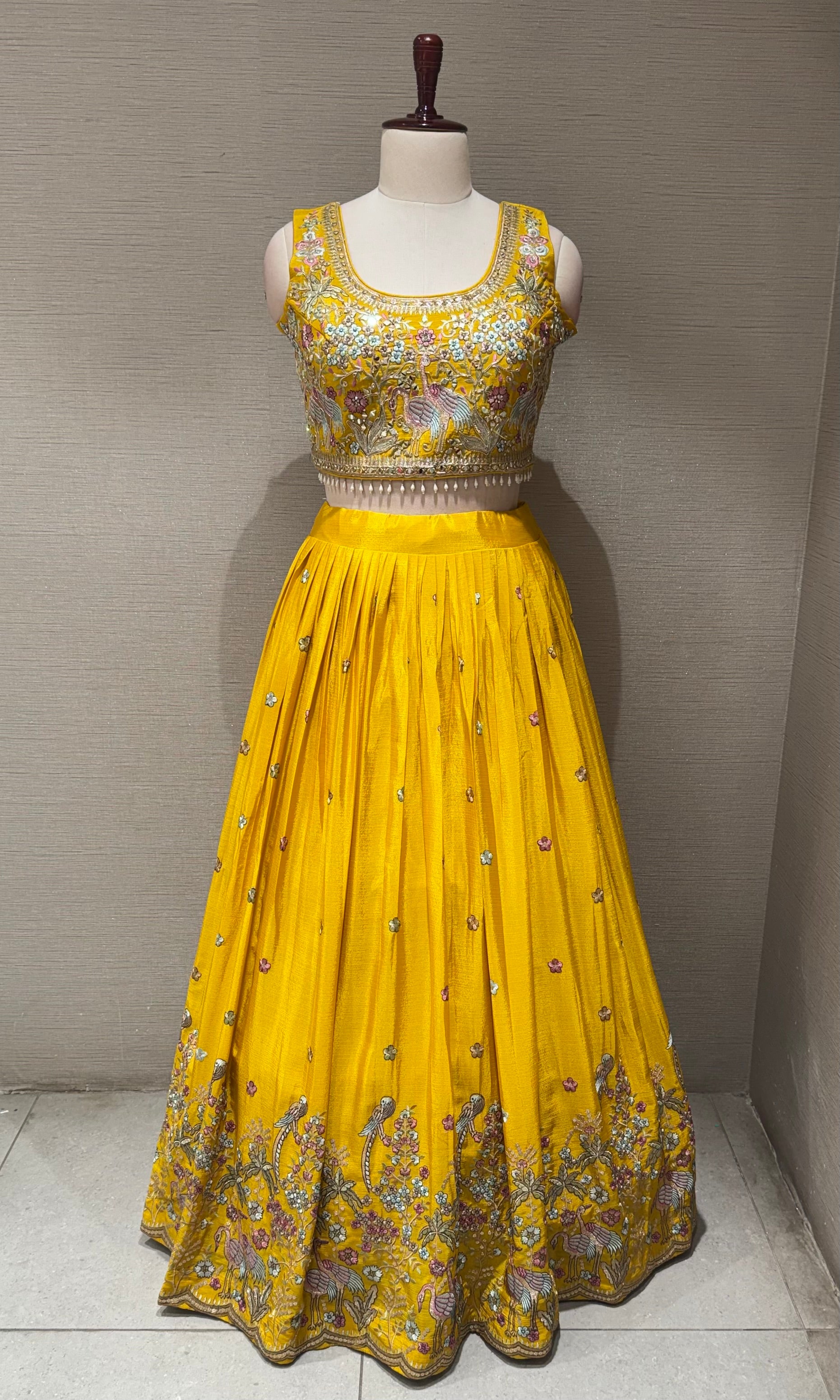Yellow Tissue Silk Lehenga set with Floral Border