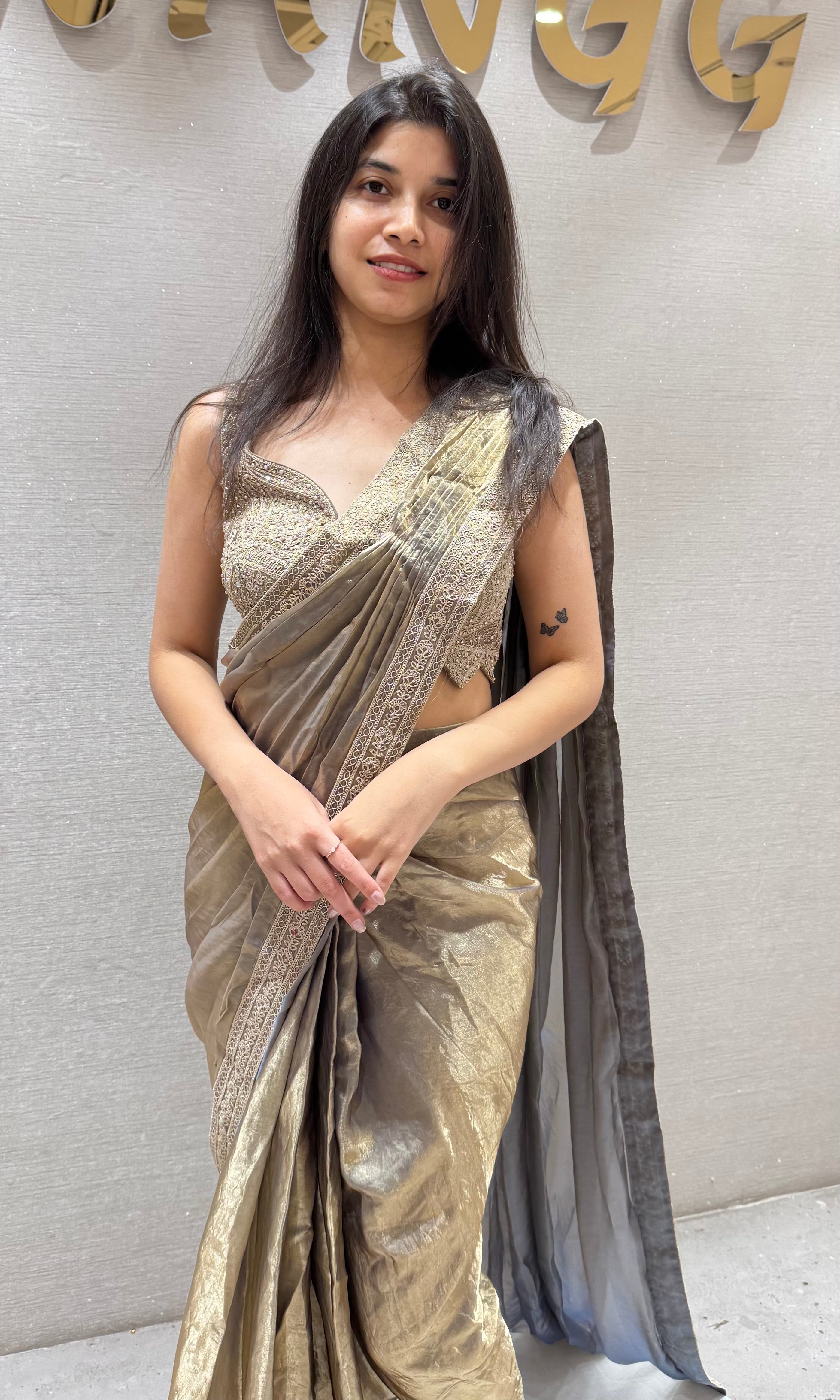 GREY Draped Saree with Embroidered blouse
