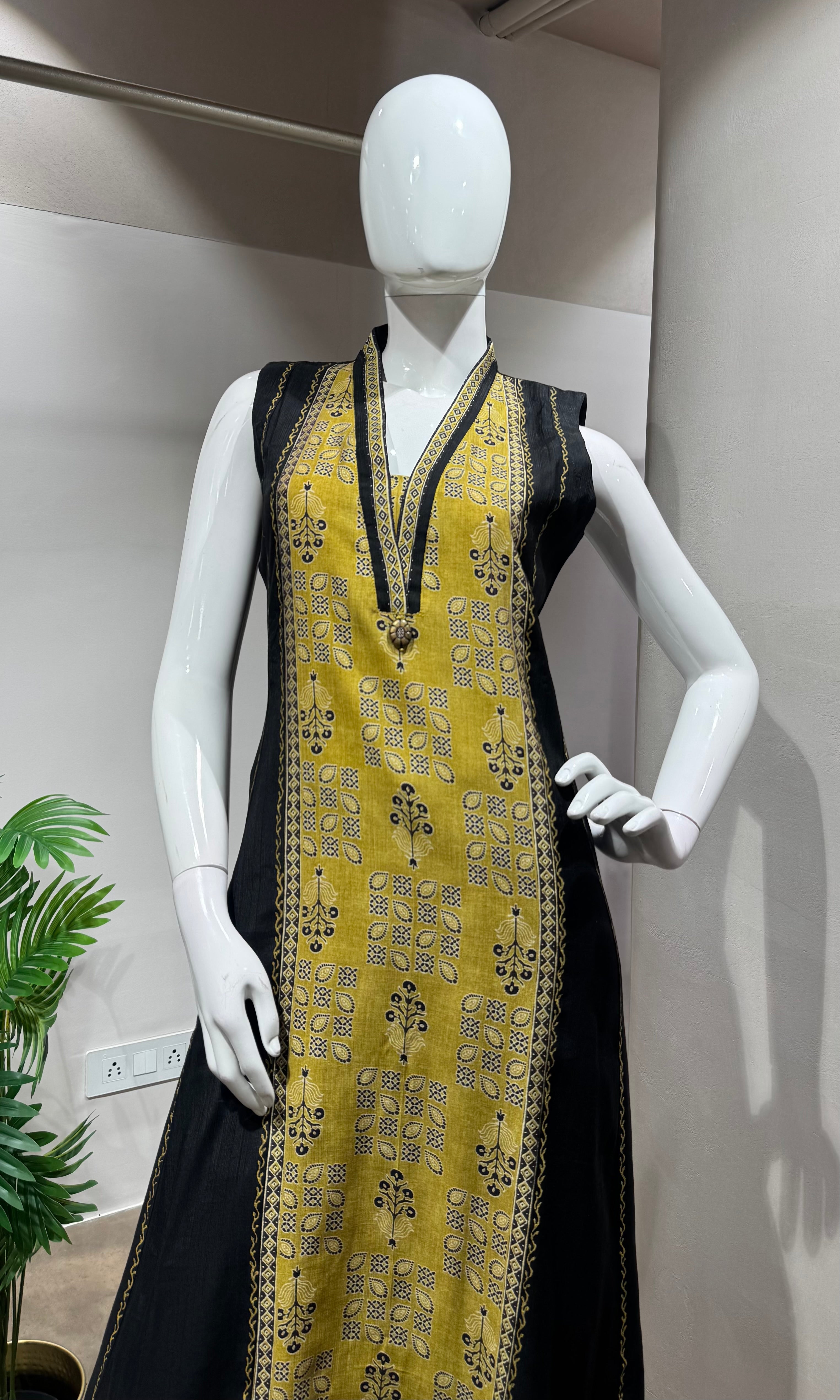 black and yellow printed KURTI WITH BOTTOM