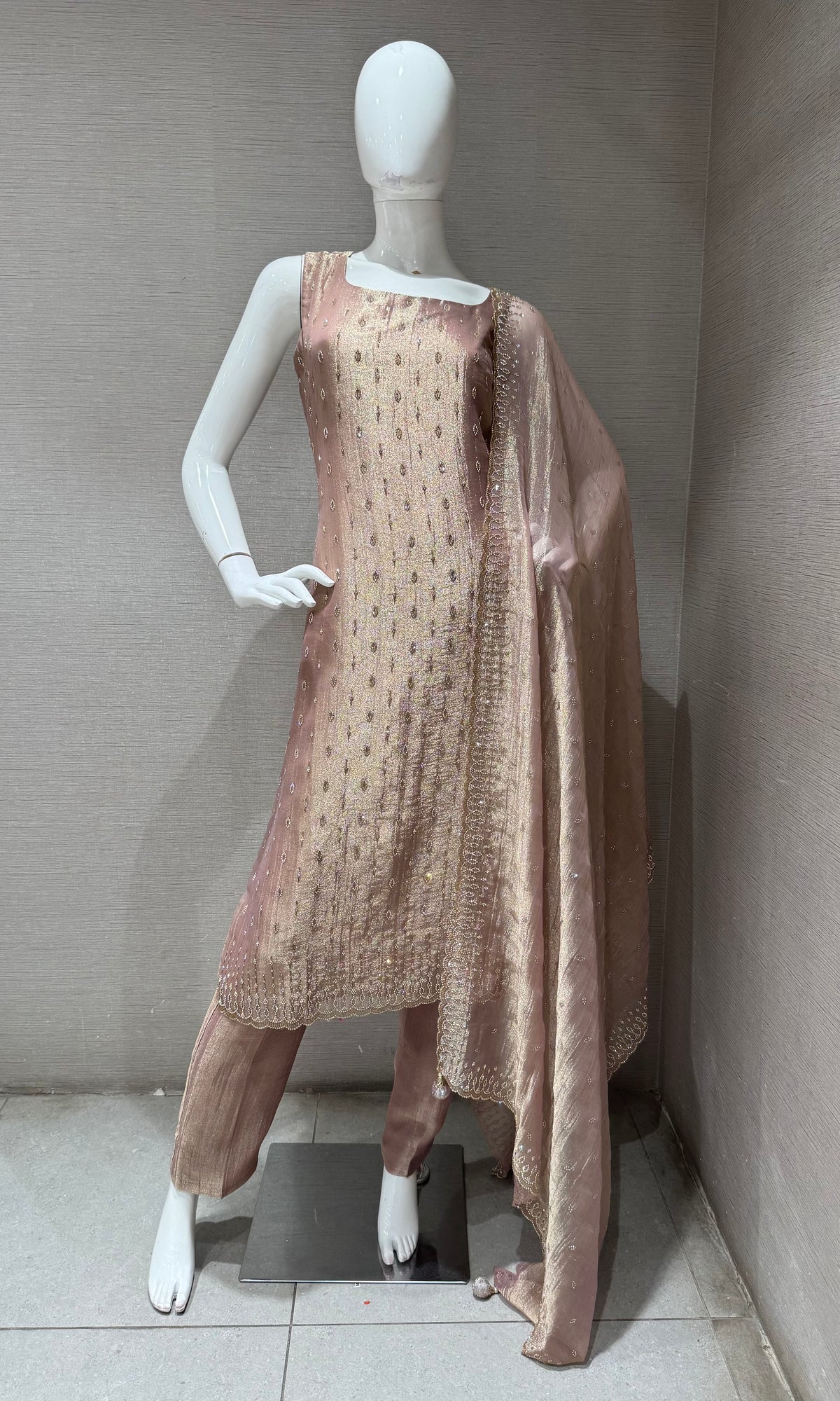 Onion Pink Tissue silk Kurta Set with Dupatta