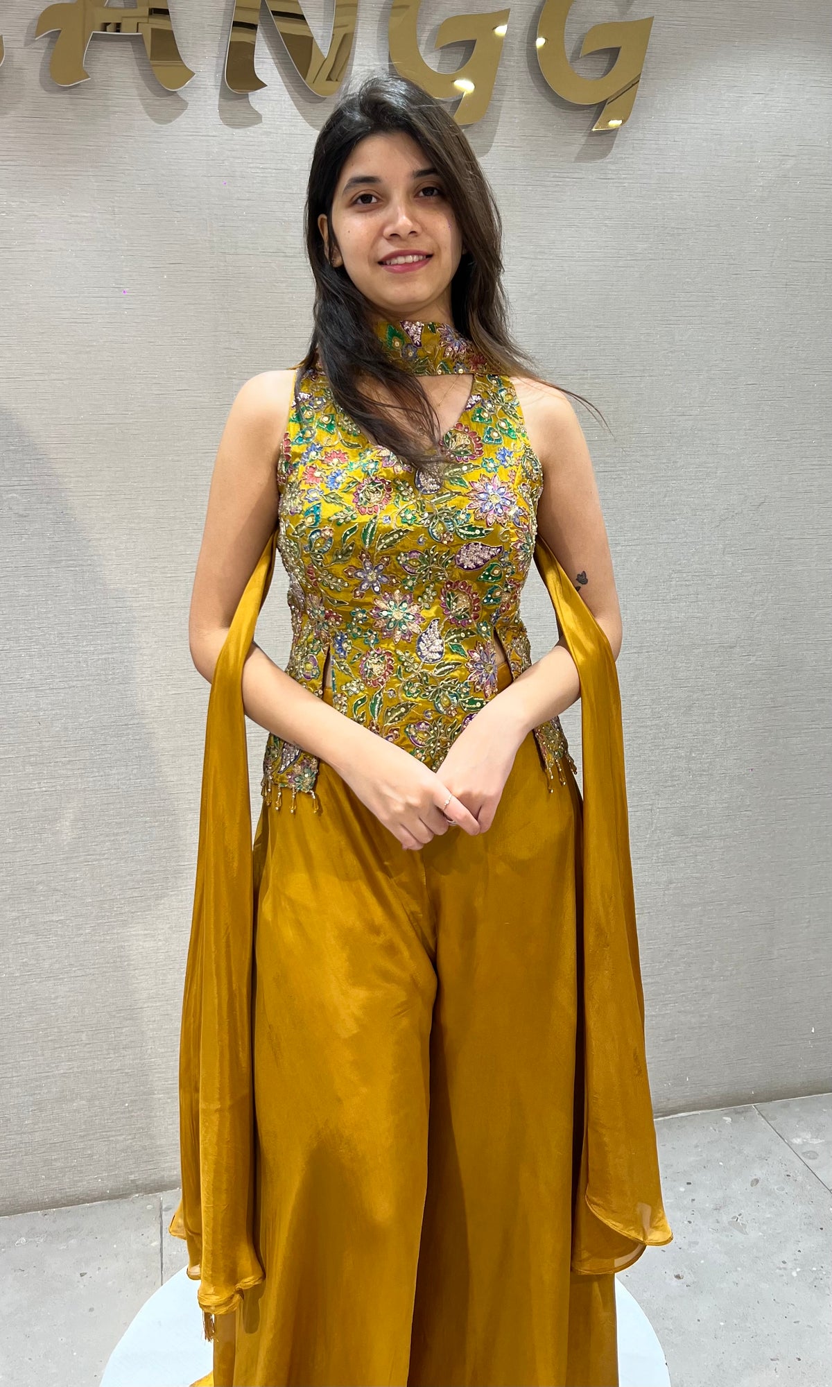 Mustard Gold Satin silk Embroidered Palazzo Set