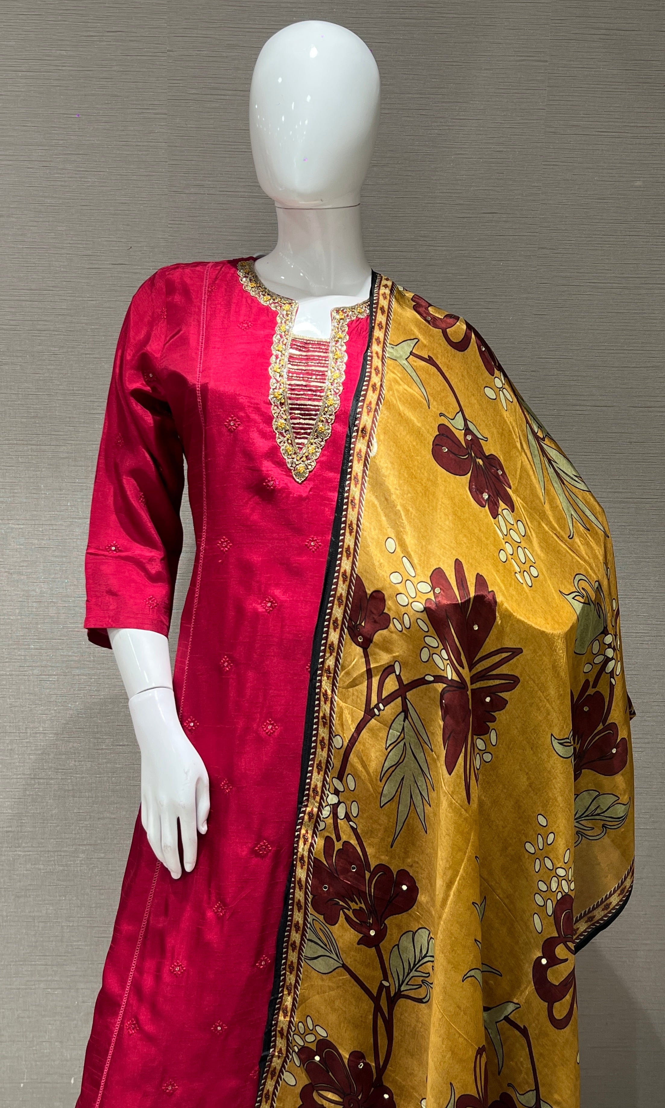 MAROON kurta set with yellow floral dupatta