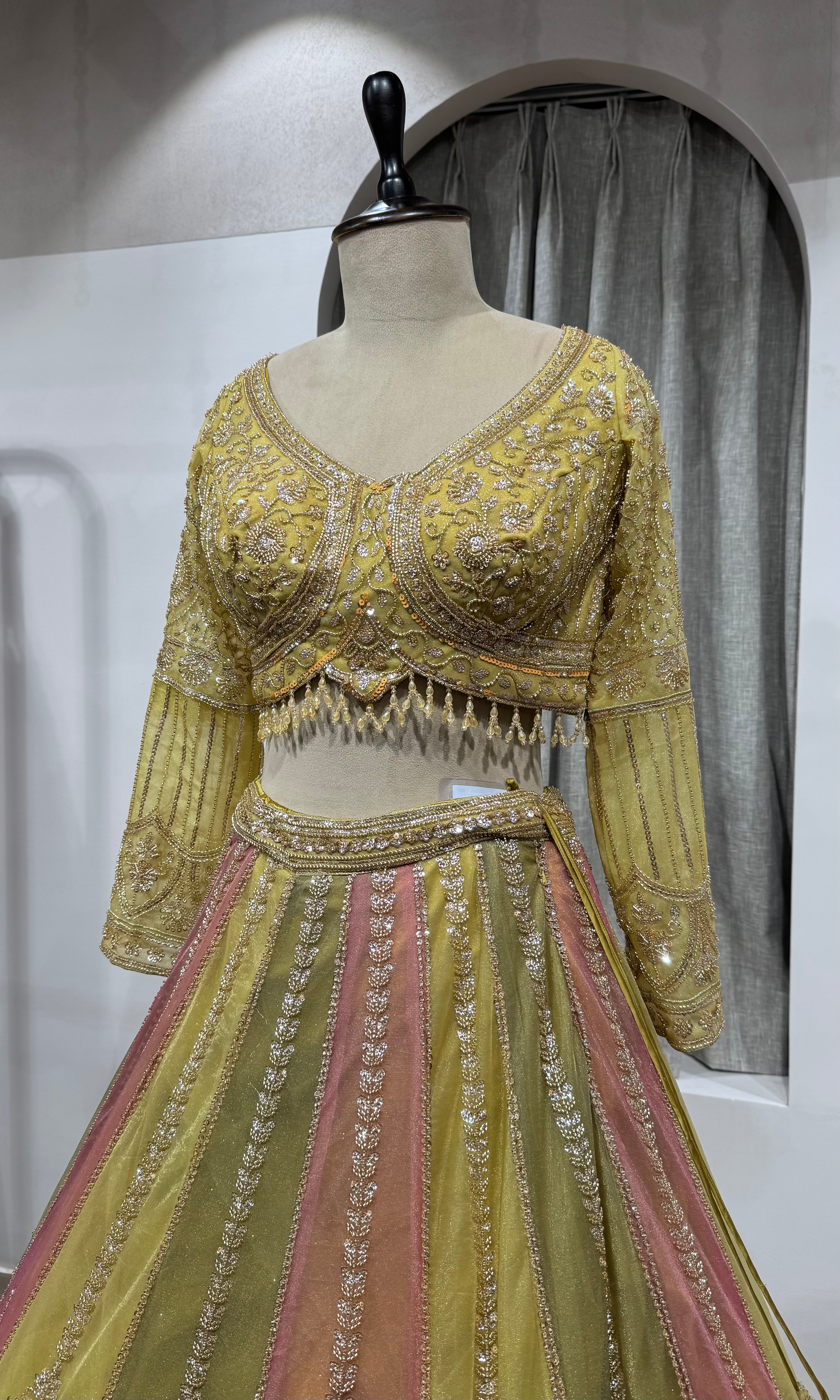 Lime Green & Blush Pink Embroidered Lehenga Set