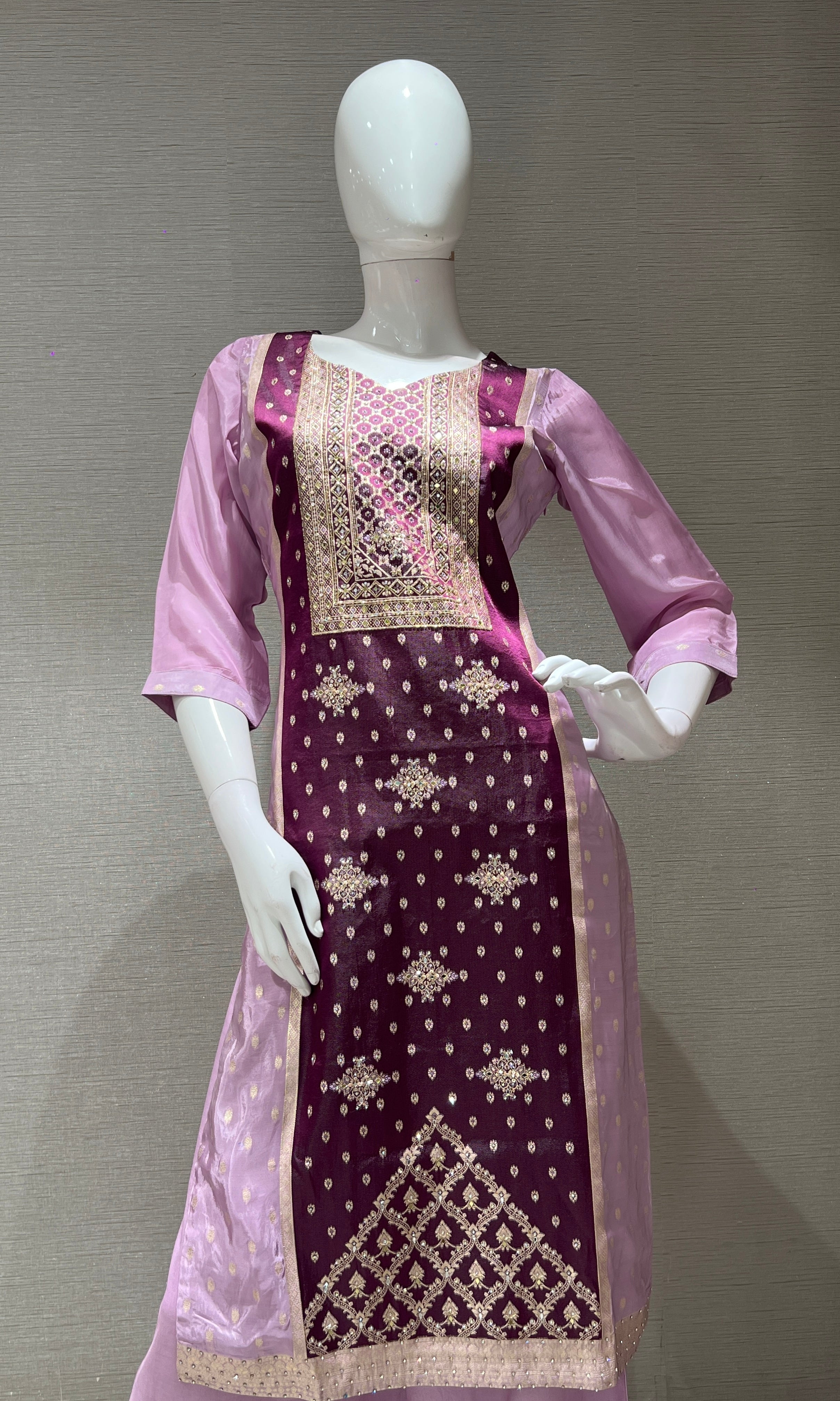 WINE EMBROIDERED KURTA SET WITH PALAZZO PANTS