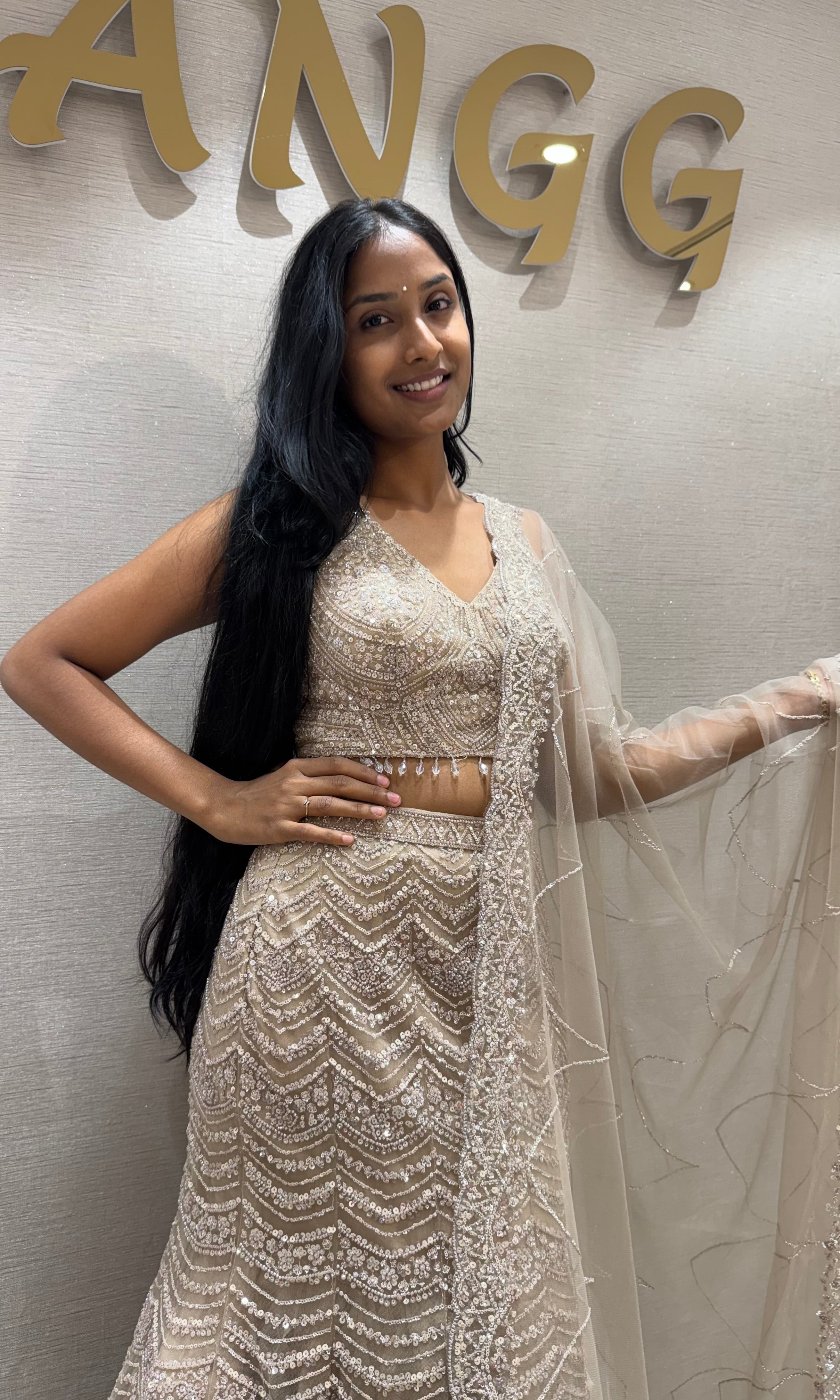 Beige sequins and beads champagne lehenga