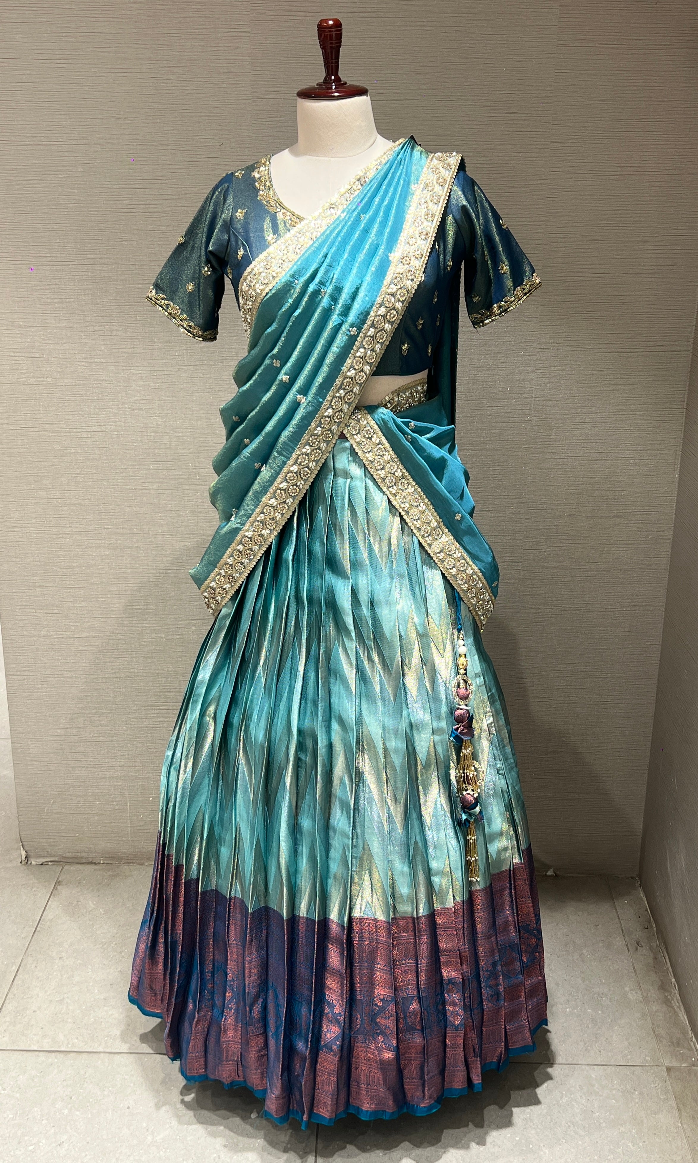 Blue Banarasi Lehenga with Navy Border