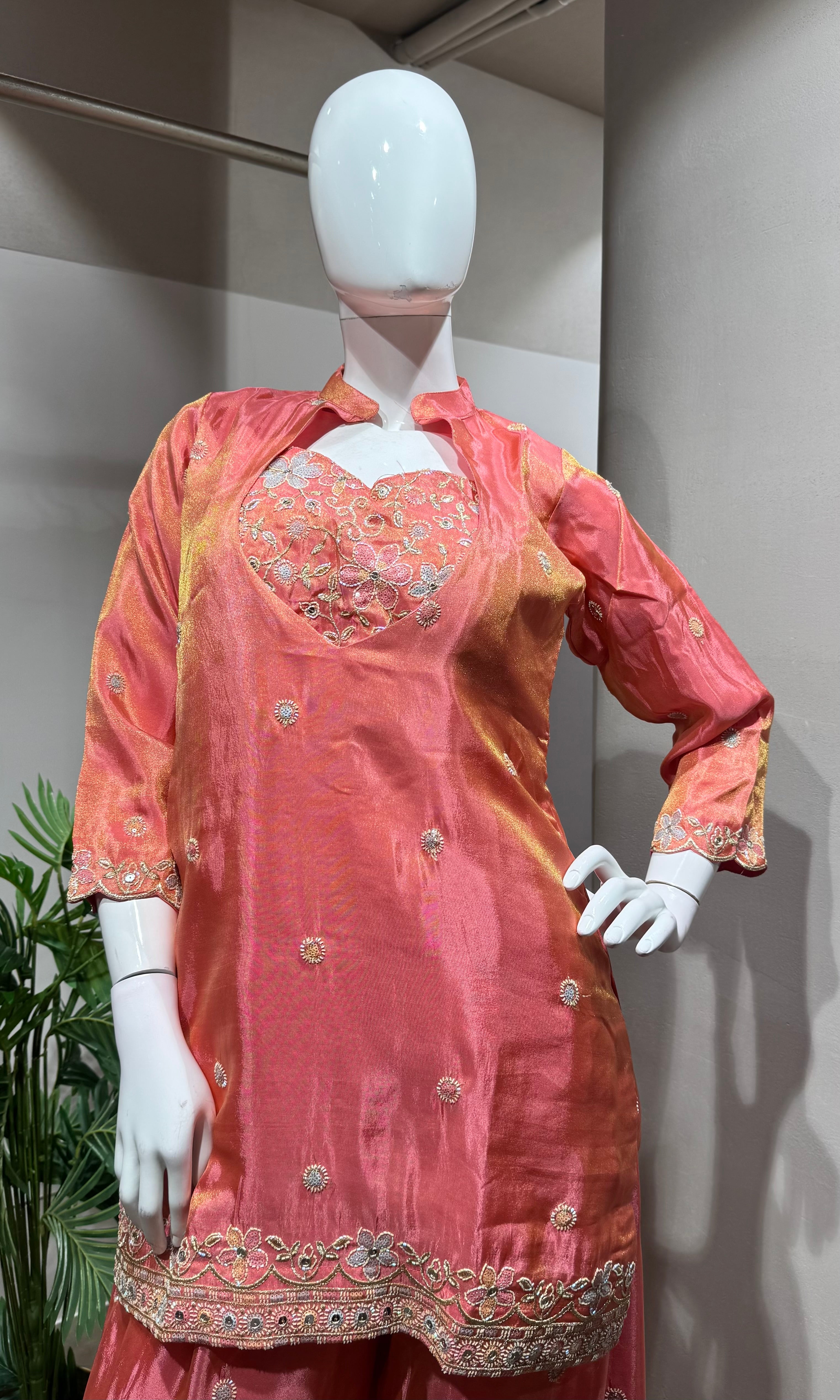 PINK Embroidered Coral PALAZZO Suit