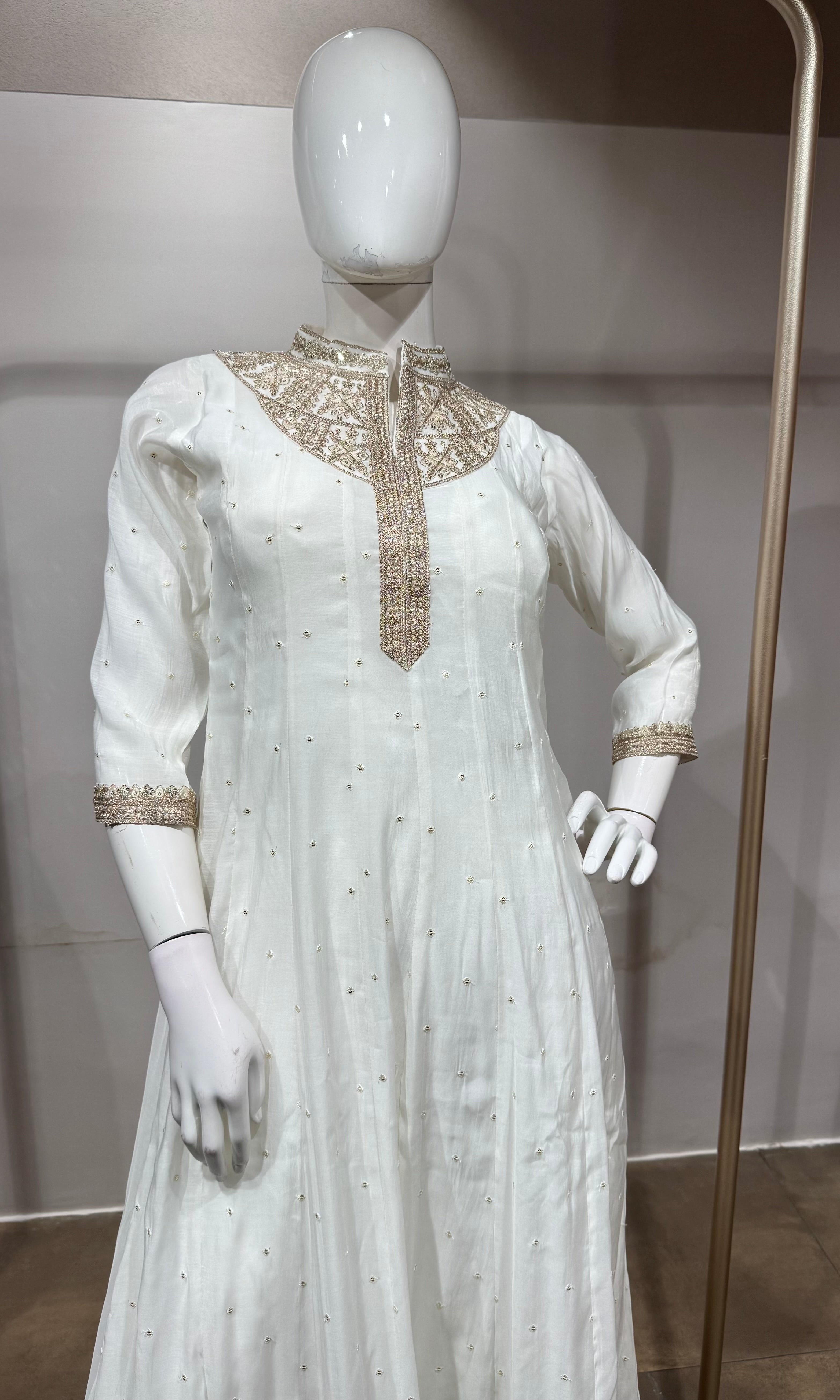 White Golden Embroidered Anarkali set