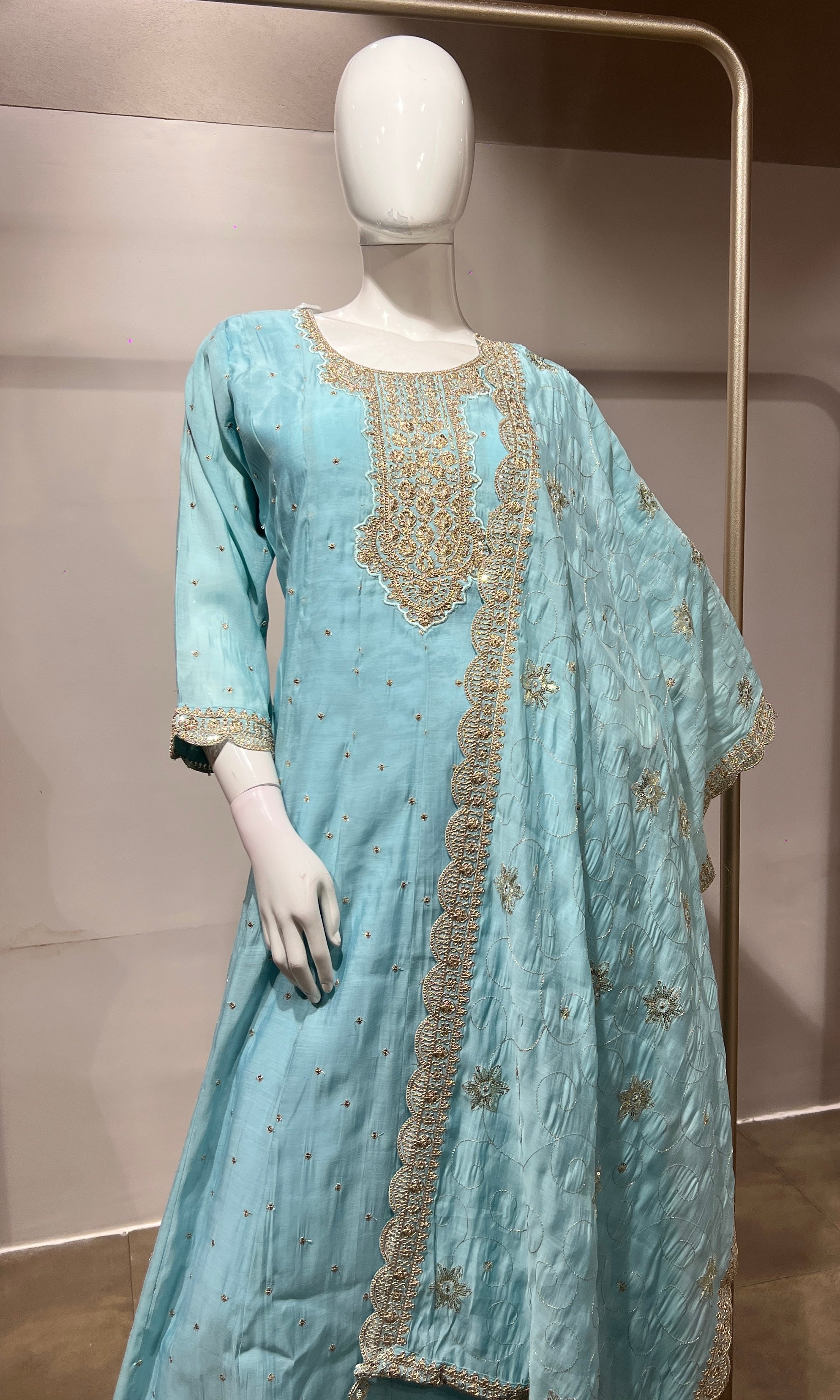 Sky Blue Embroidered Anarkali Suit Set