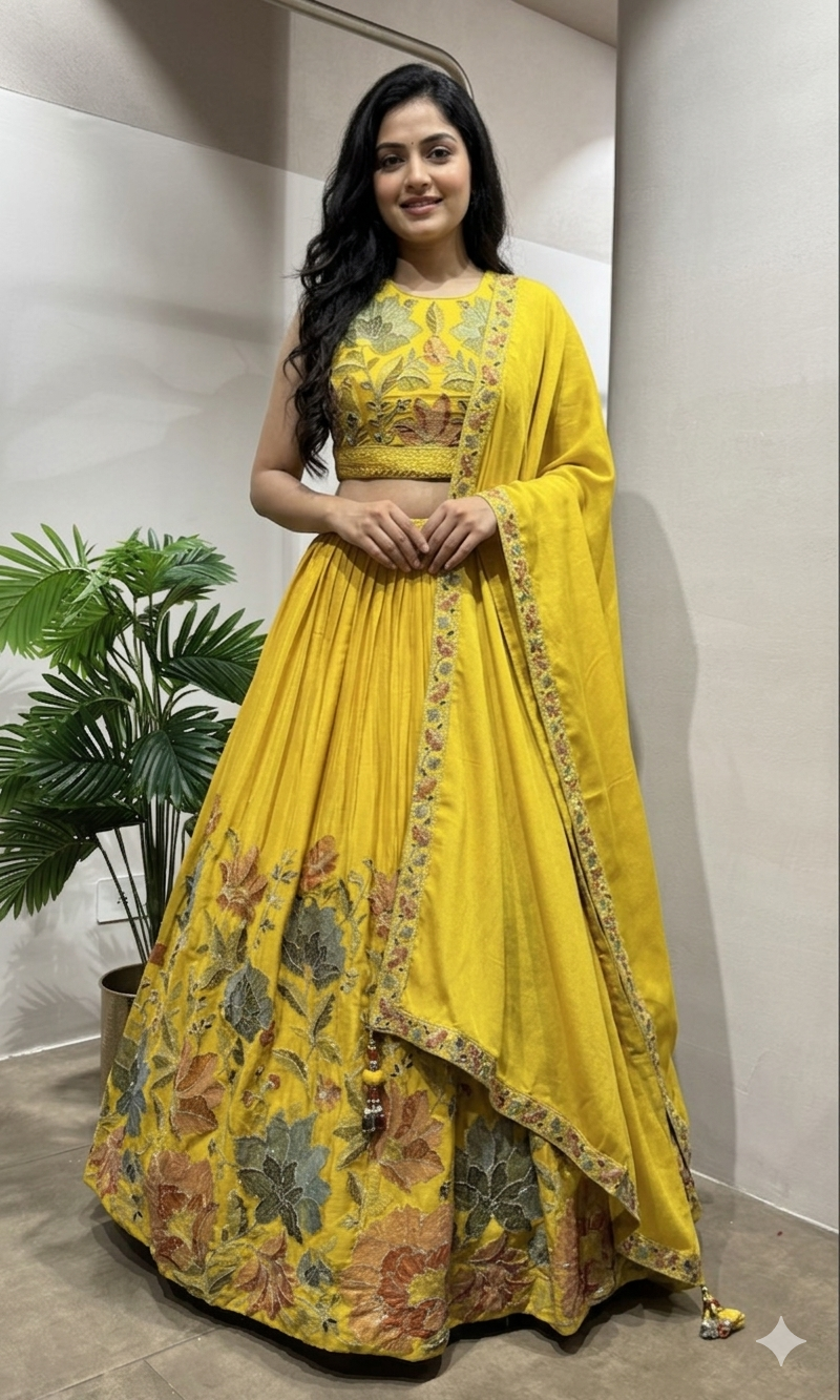 yellow floral printed embroidered lehenga