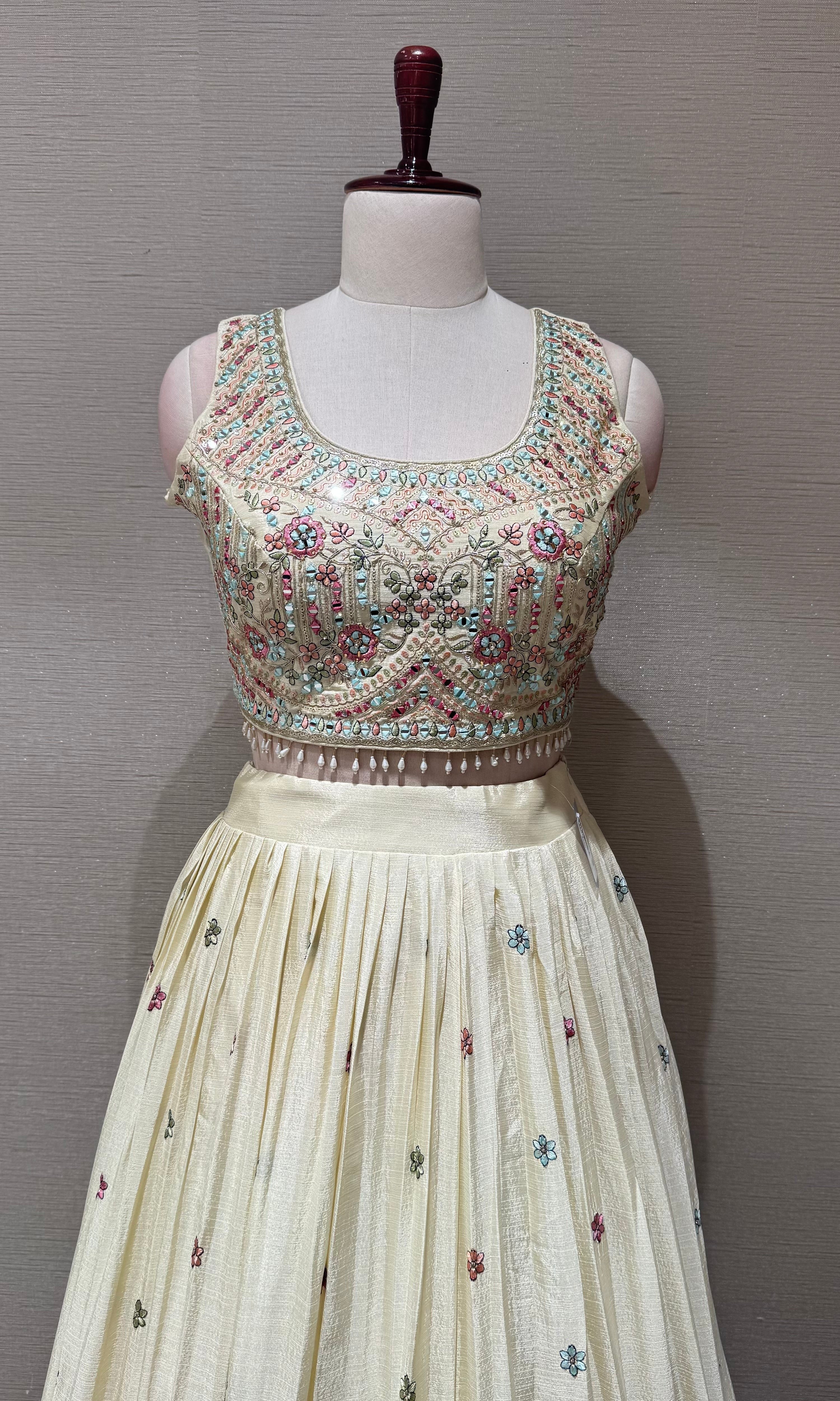 Cream tissue silk Lehenga Set with Intricate Floral Embroidery