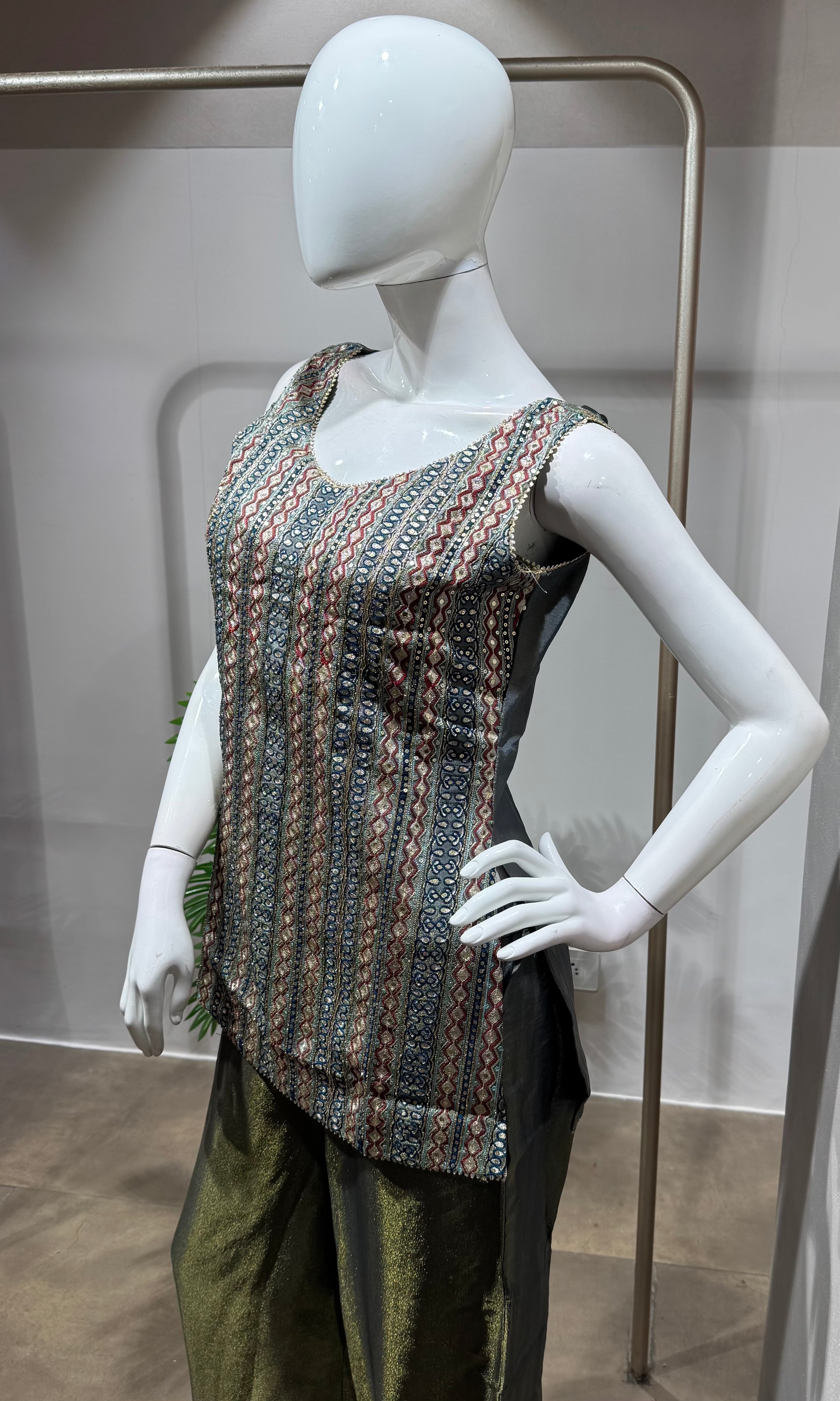 Grey Sleeveless Kurti & Flared Palazzos