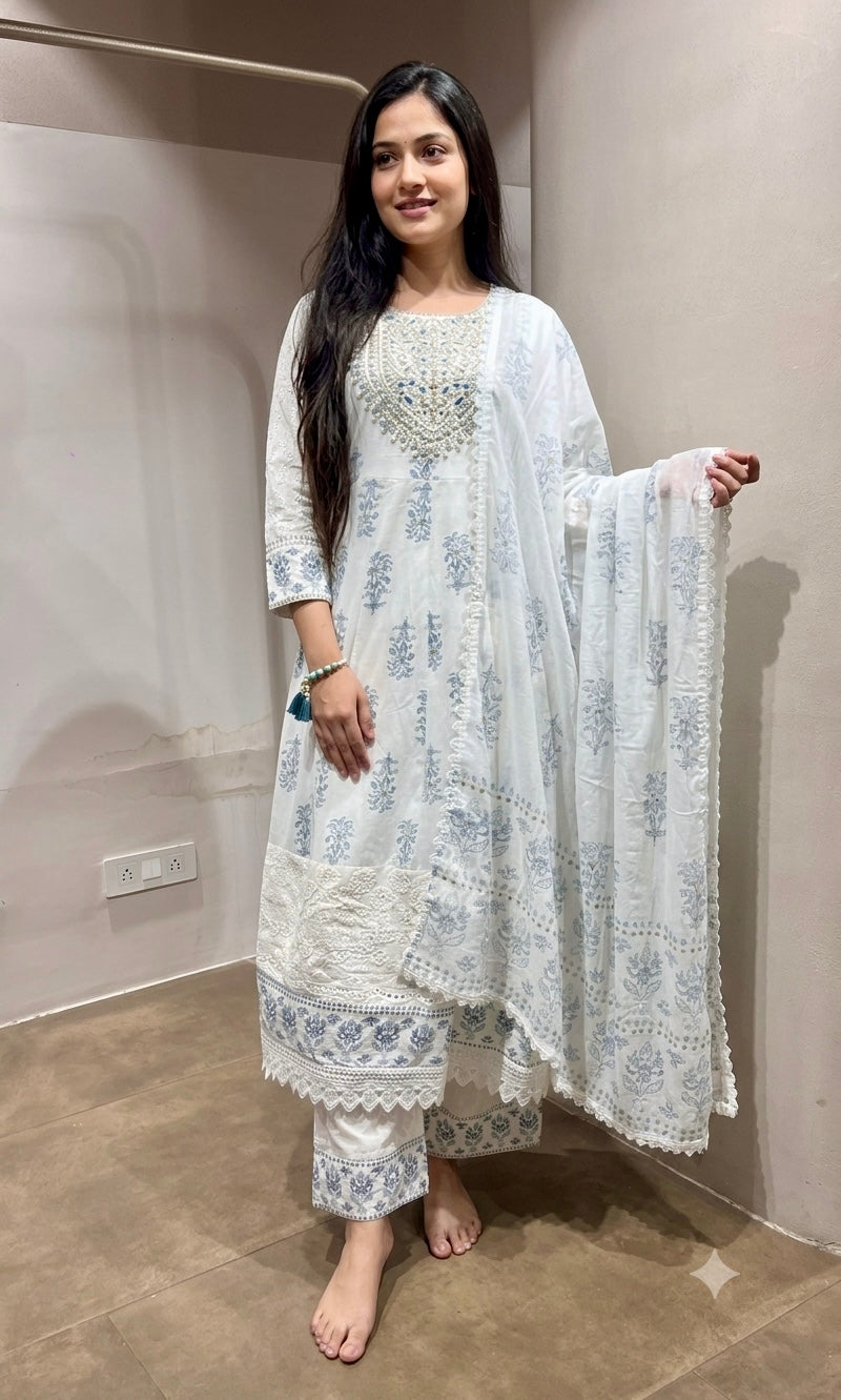 White and Sky Blue Floral Printed Anarkali Set