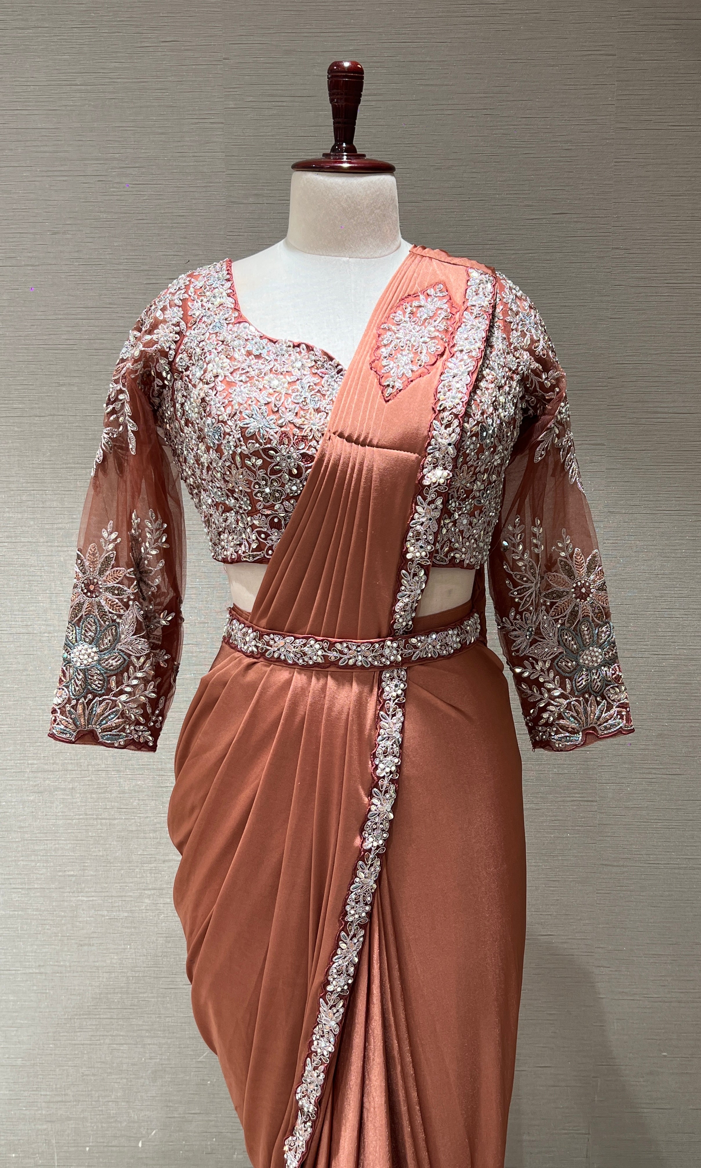 RUST DRAPE SAREE WITH FLORAL BLOUSE & BELT