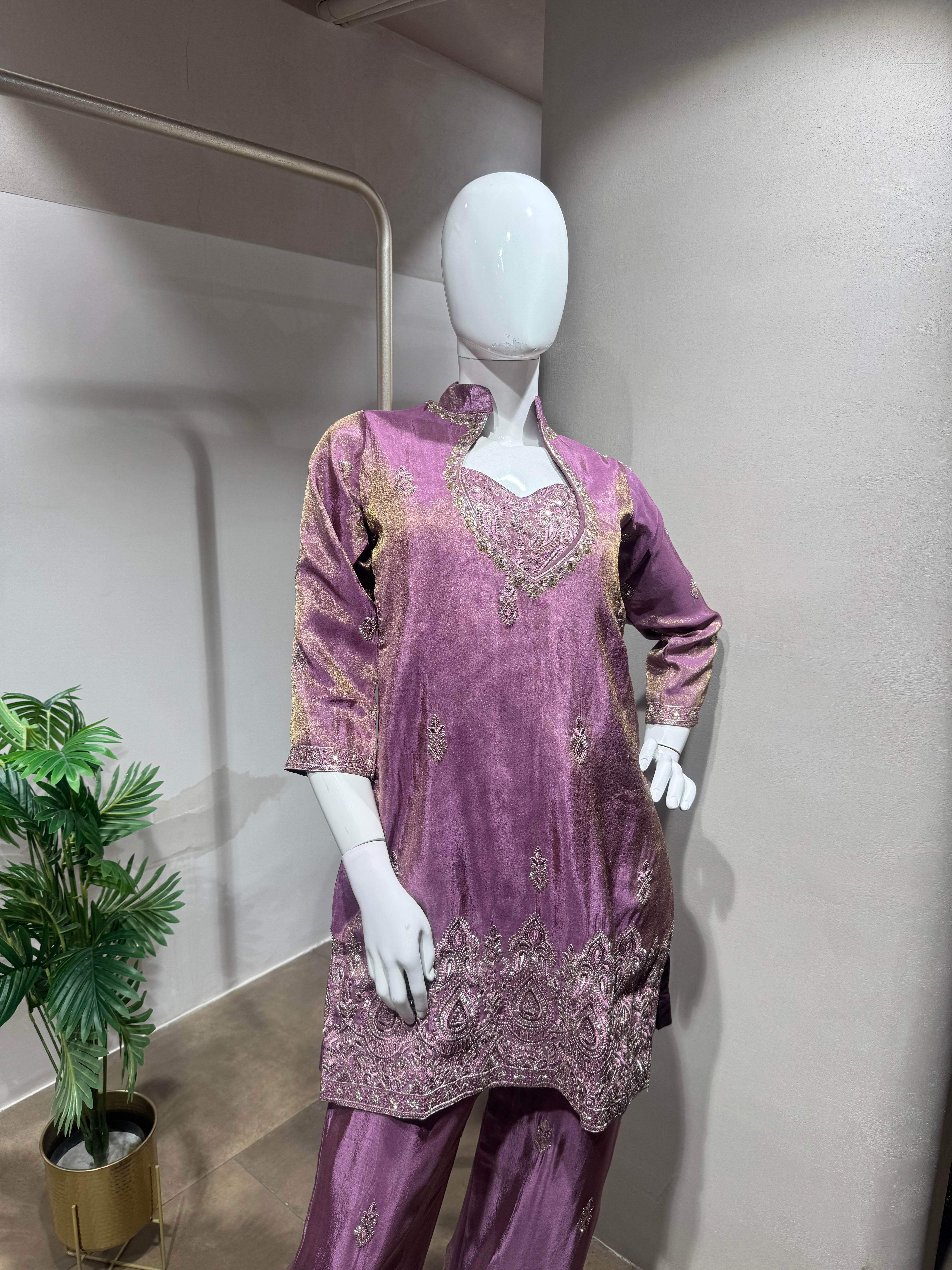 Purple shimmer tissue salwar with farsi pants