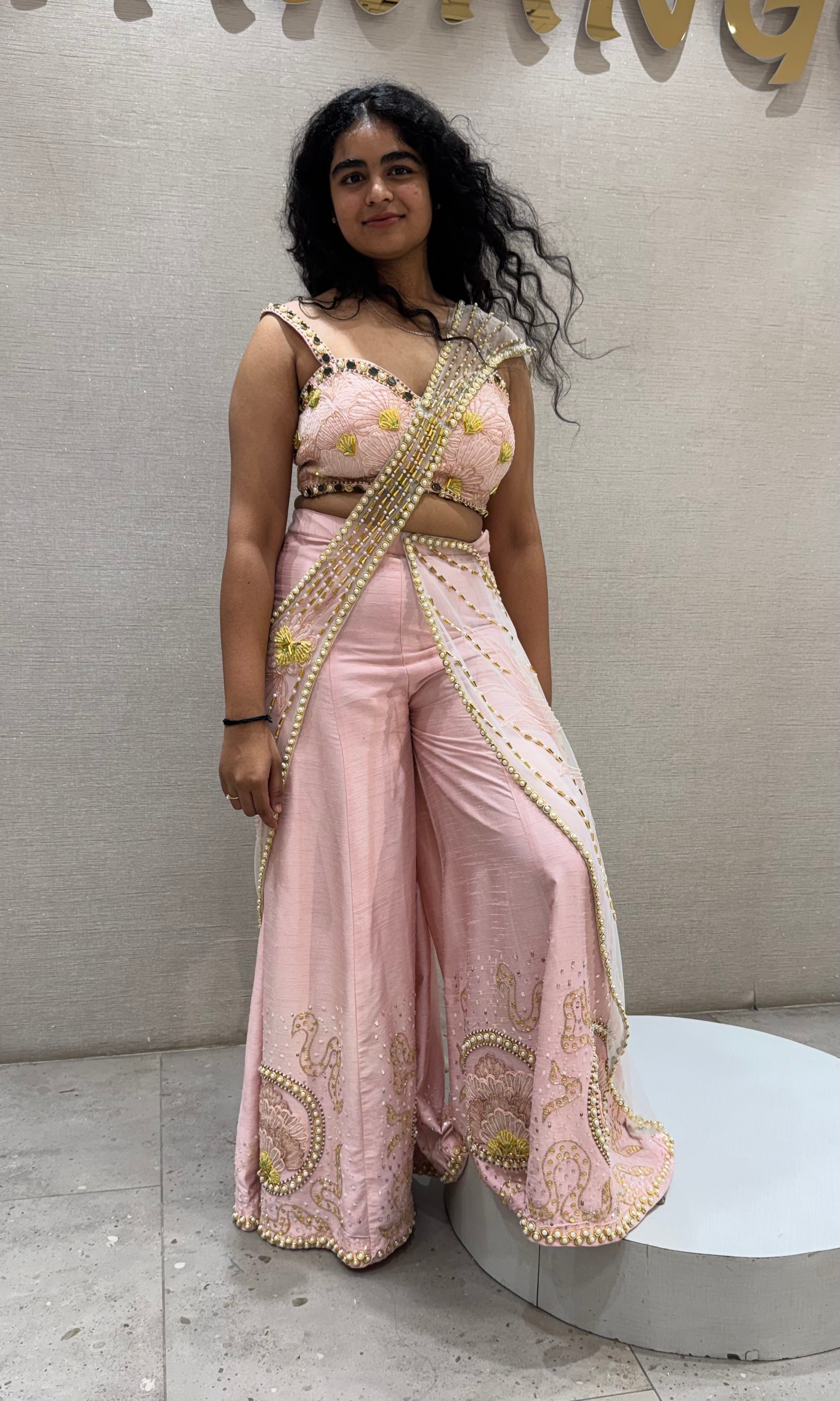 Baby pink palazzo with draped pallu