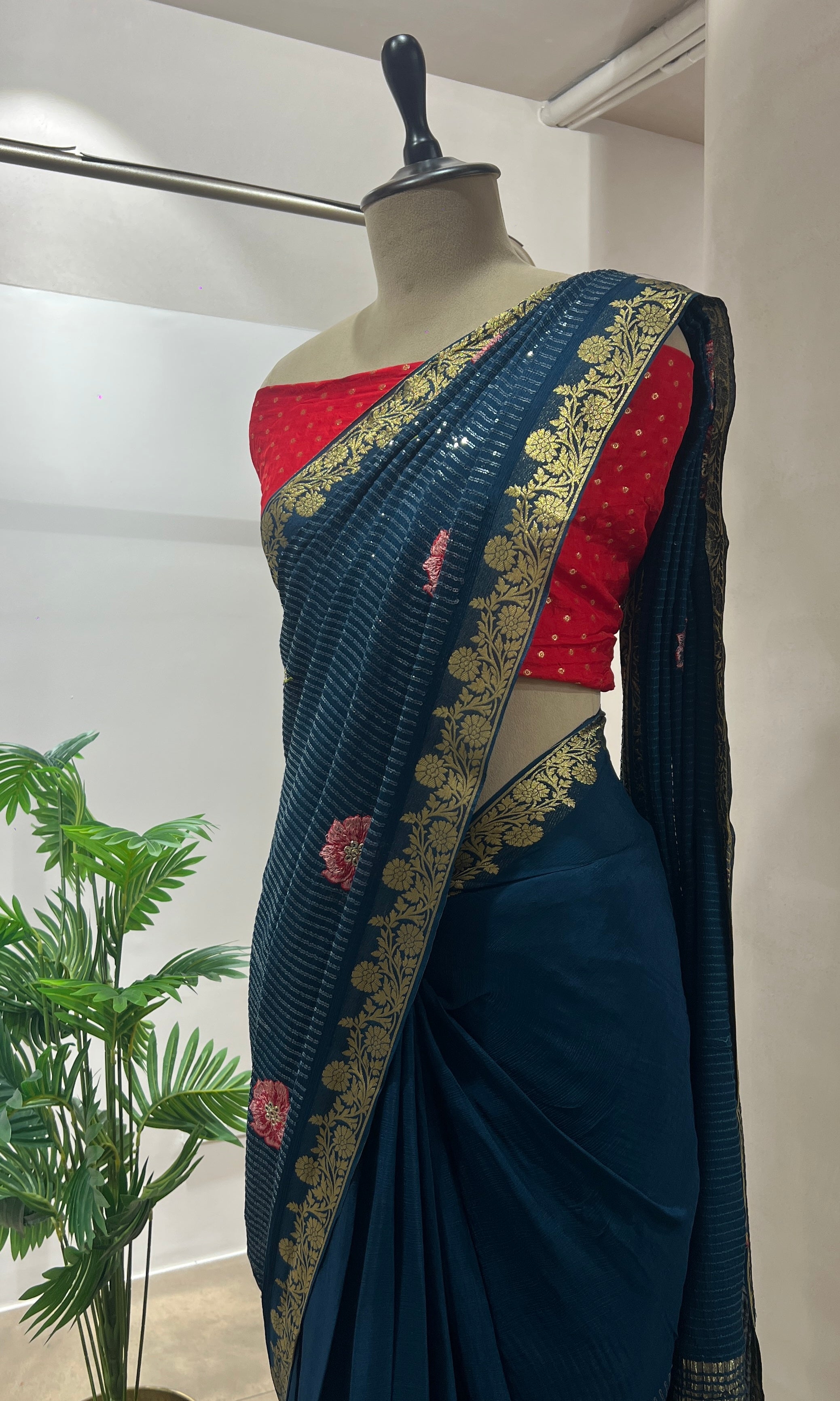 PEACOCK BLUE FLORAL FANCY SAREE