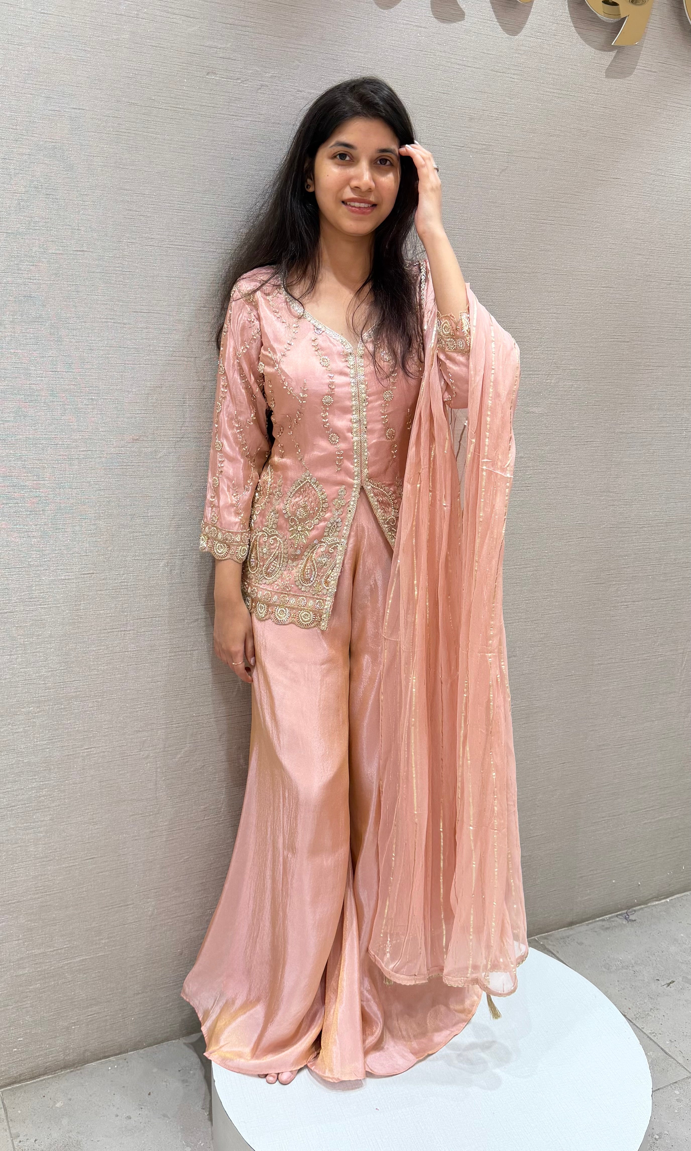 Peach EMBROIDERED PEPLUM PALAZZO SET