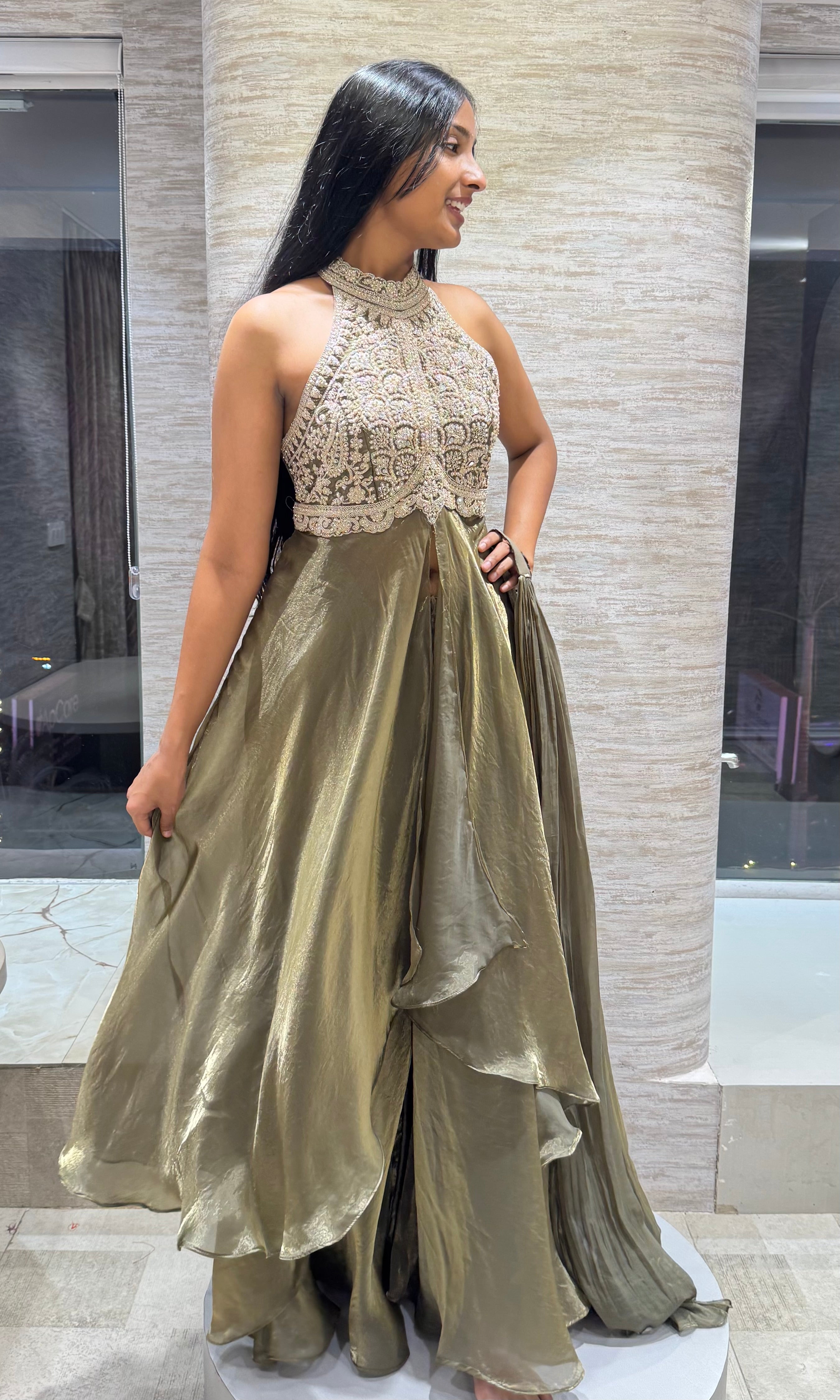 HALTER NECK ANARKALI SLIT TOP WITH FLARED PANTS