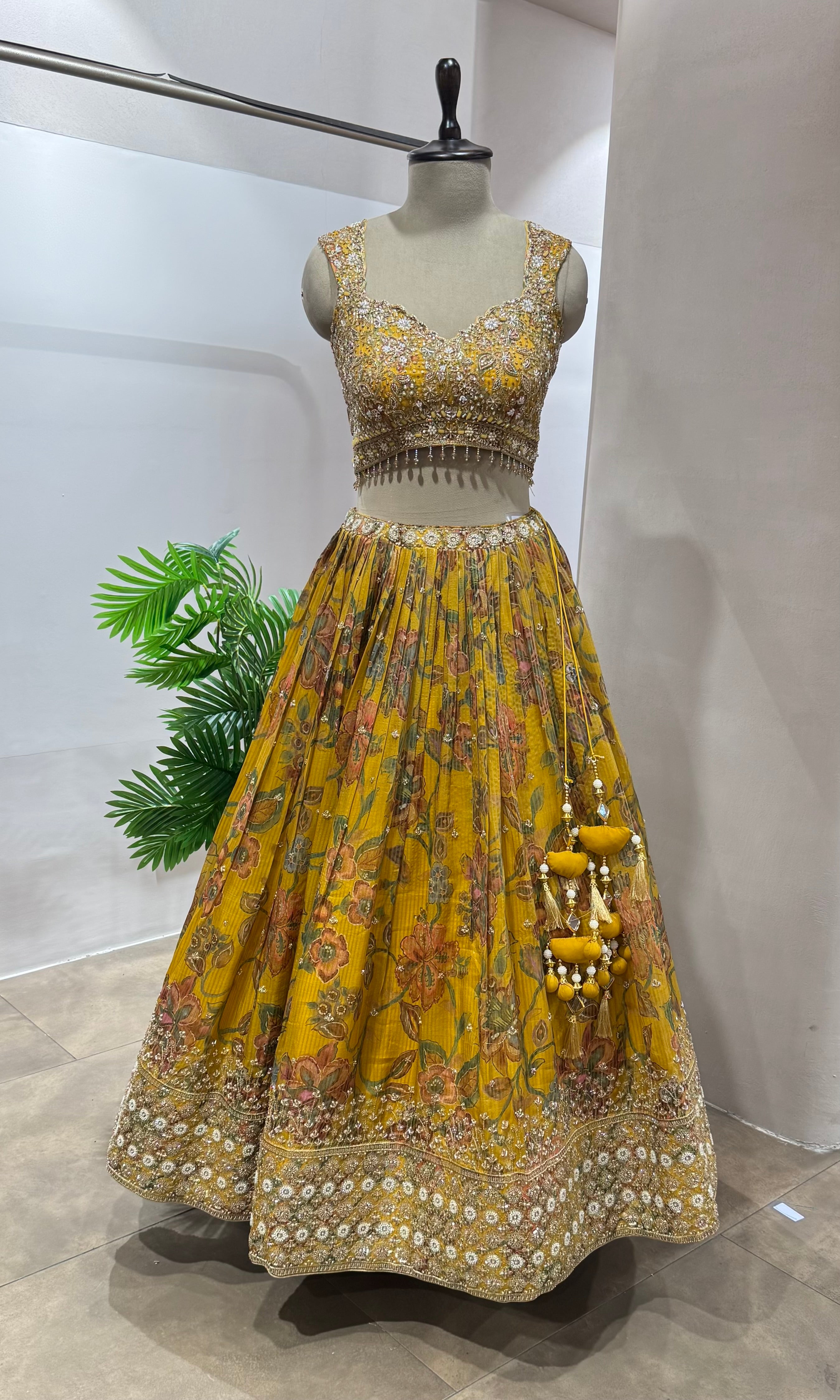 Mustard floral embroidery Lehenga
