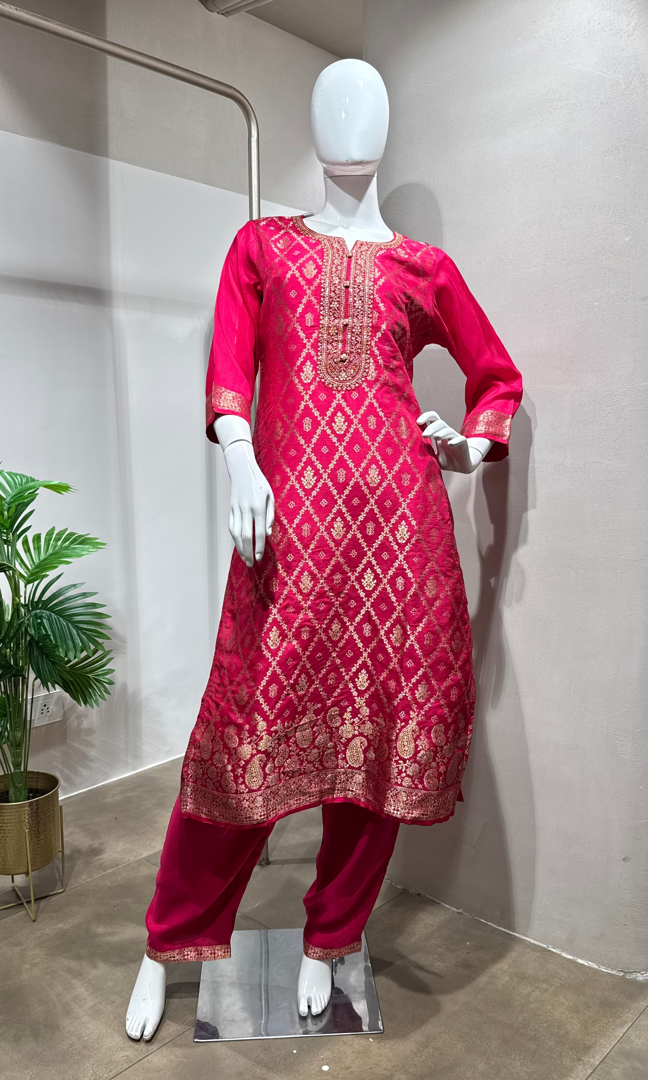 Pink Woven Design Silk KURTA Suit with Dupatta