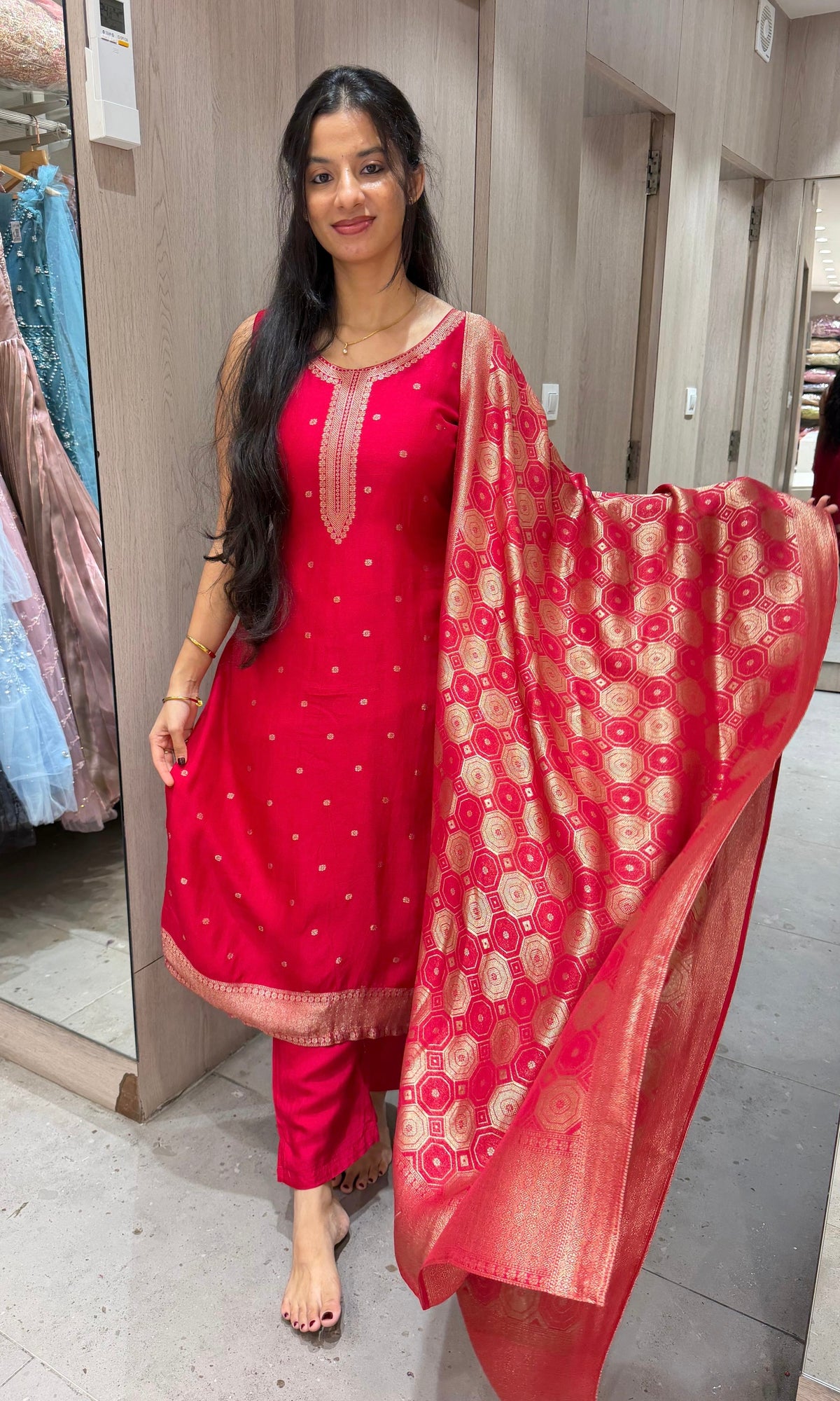 Red Banarasi silk Kurta Set with Patterned Dupatta