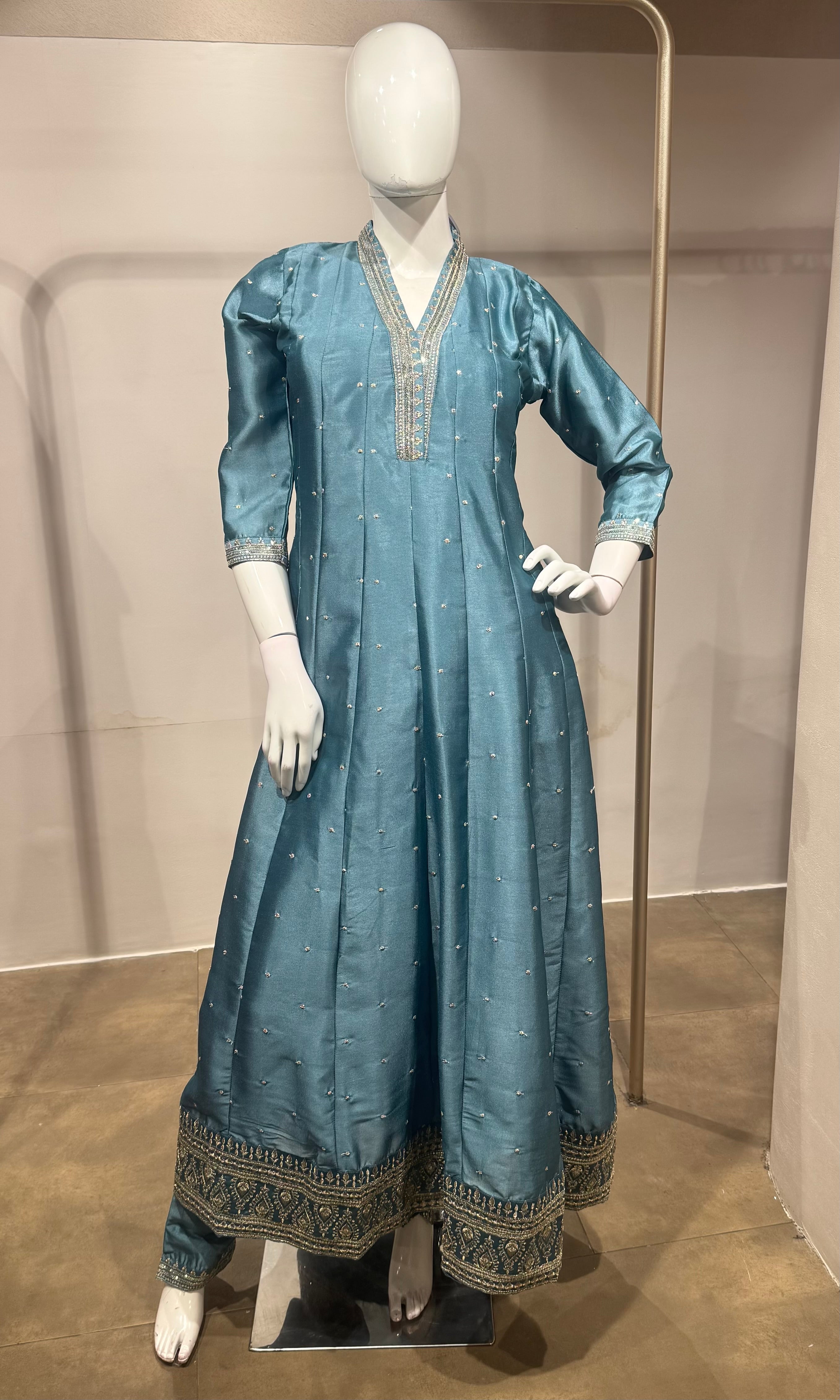 Blue silk golden embroidered anarkali set