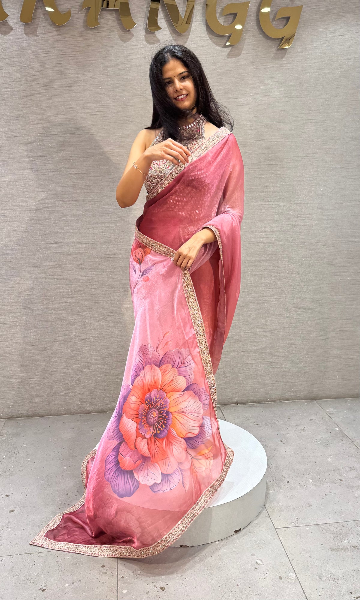 Blush Pink Satin Organza Floral Saree with Scalloped Border