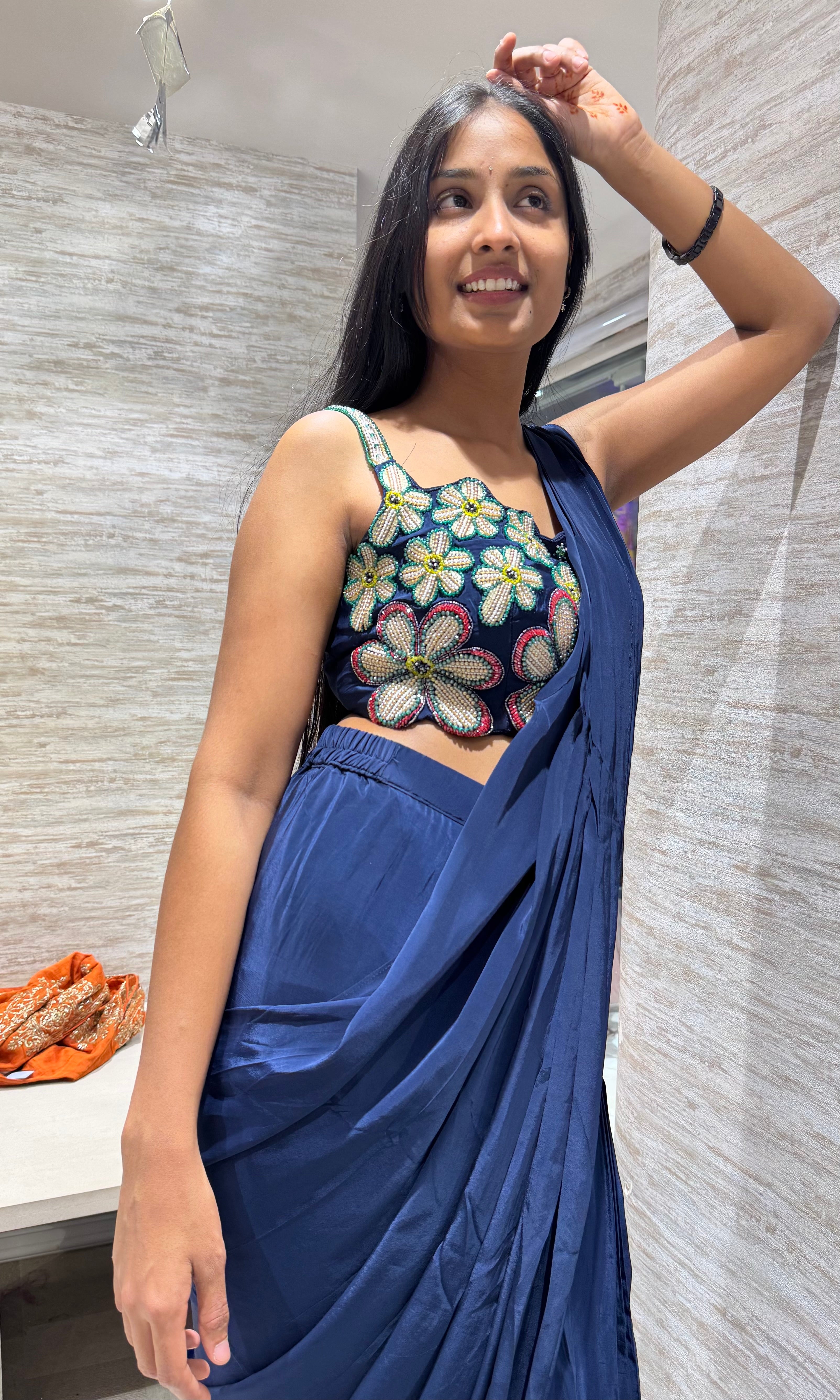 Navy Blue Drape Saree with floral blouse