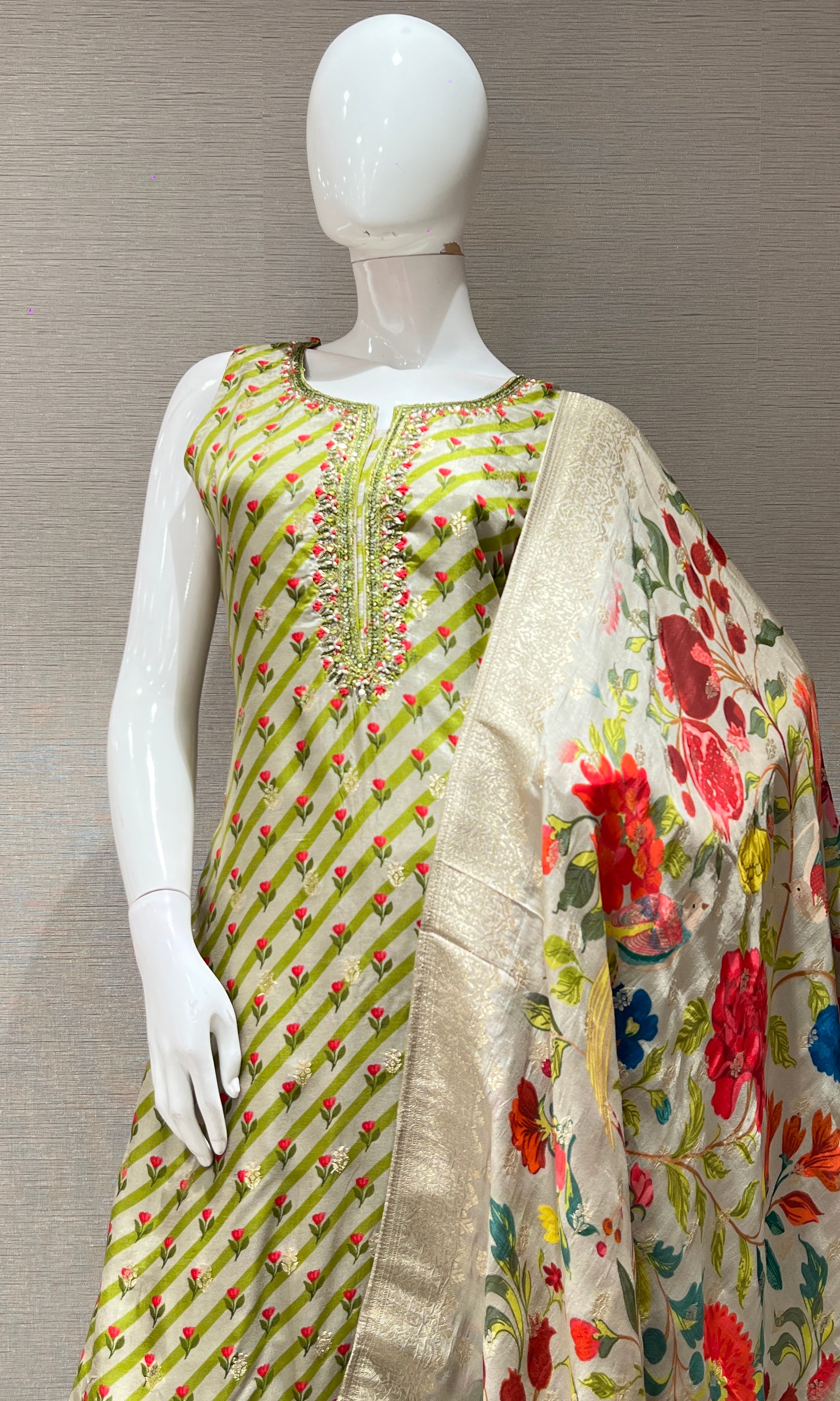 Green kurta set with floral dupatta