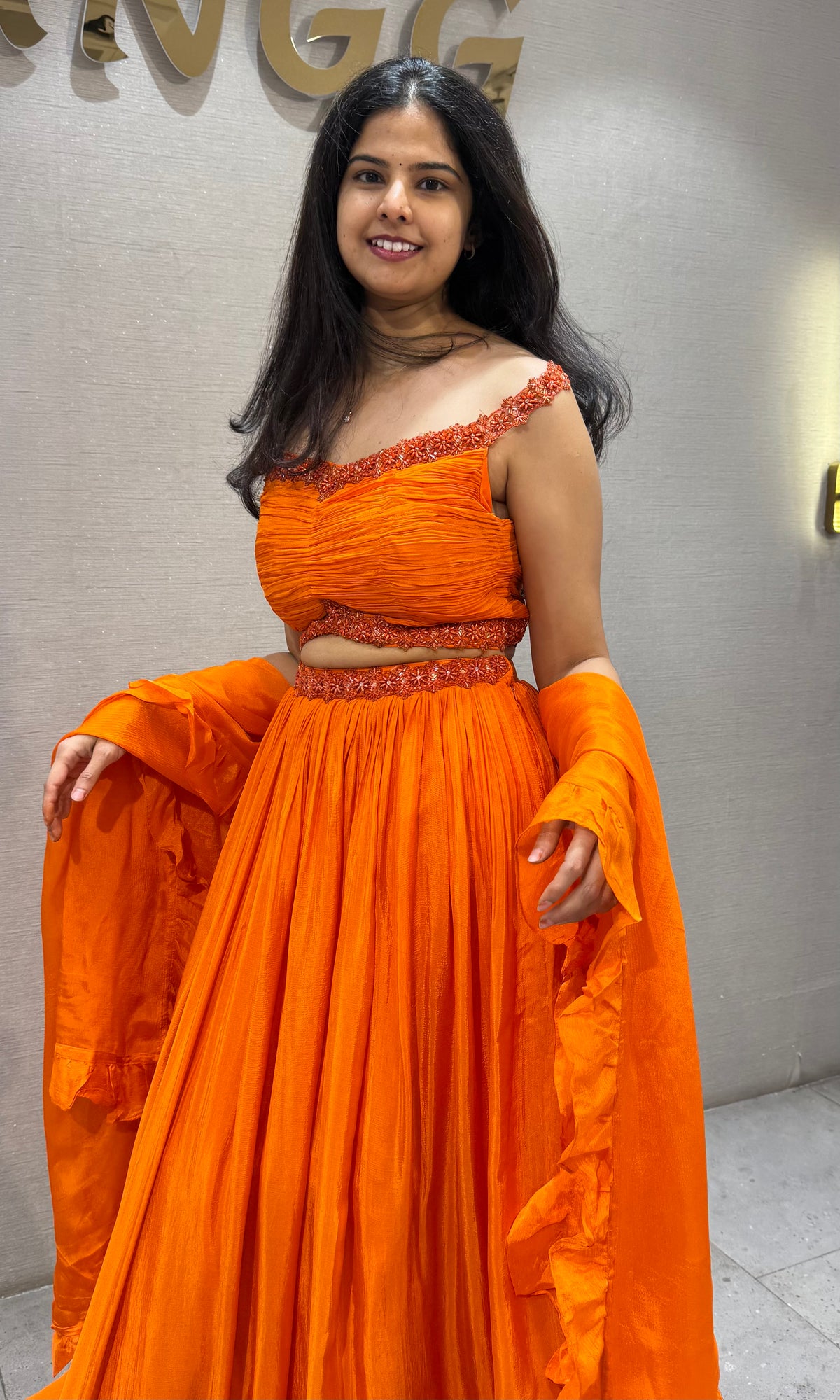 Orange cotton Embellished Crop Top Lehenga