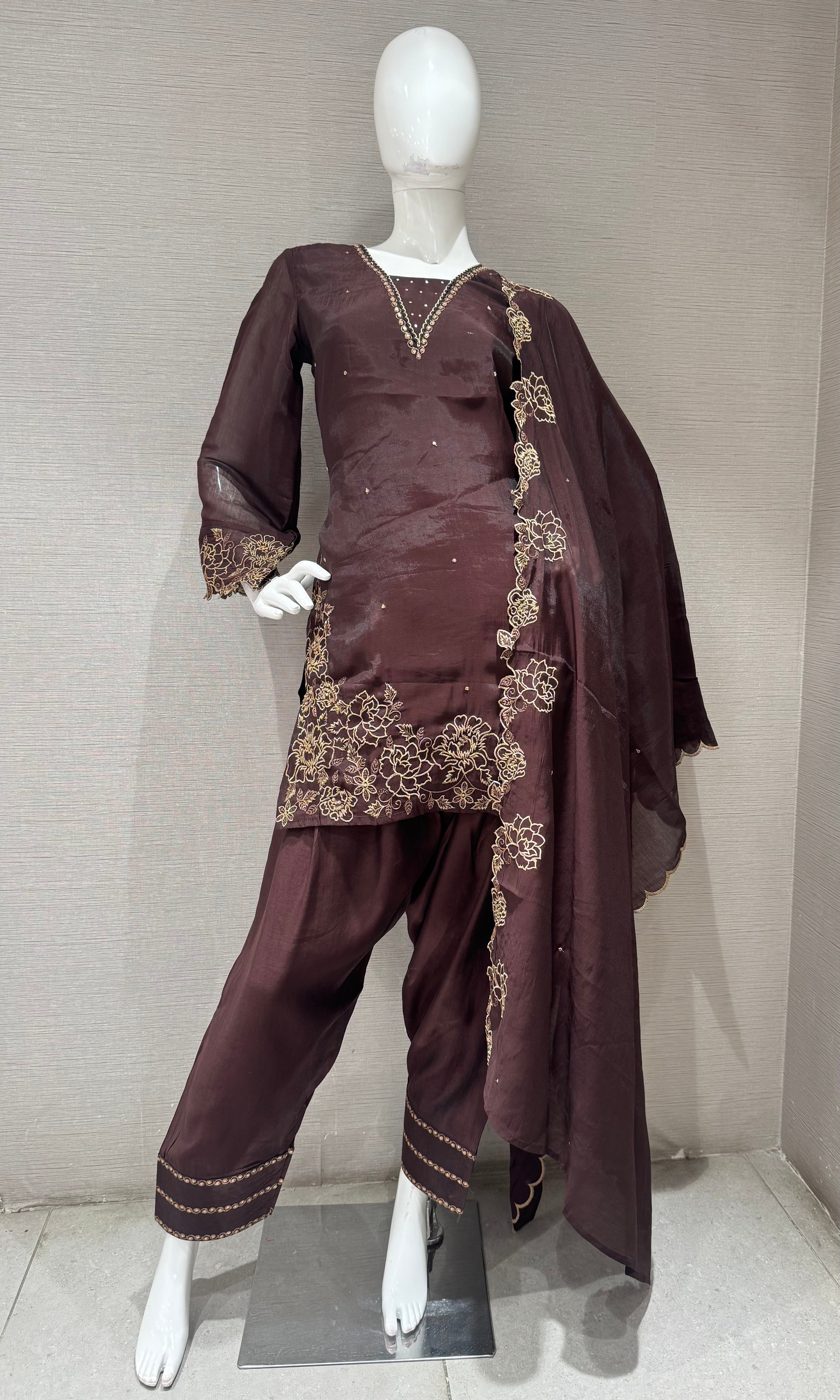 Brown floral farsi salwar kurta set