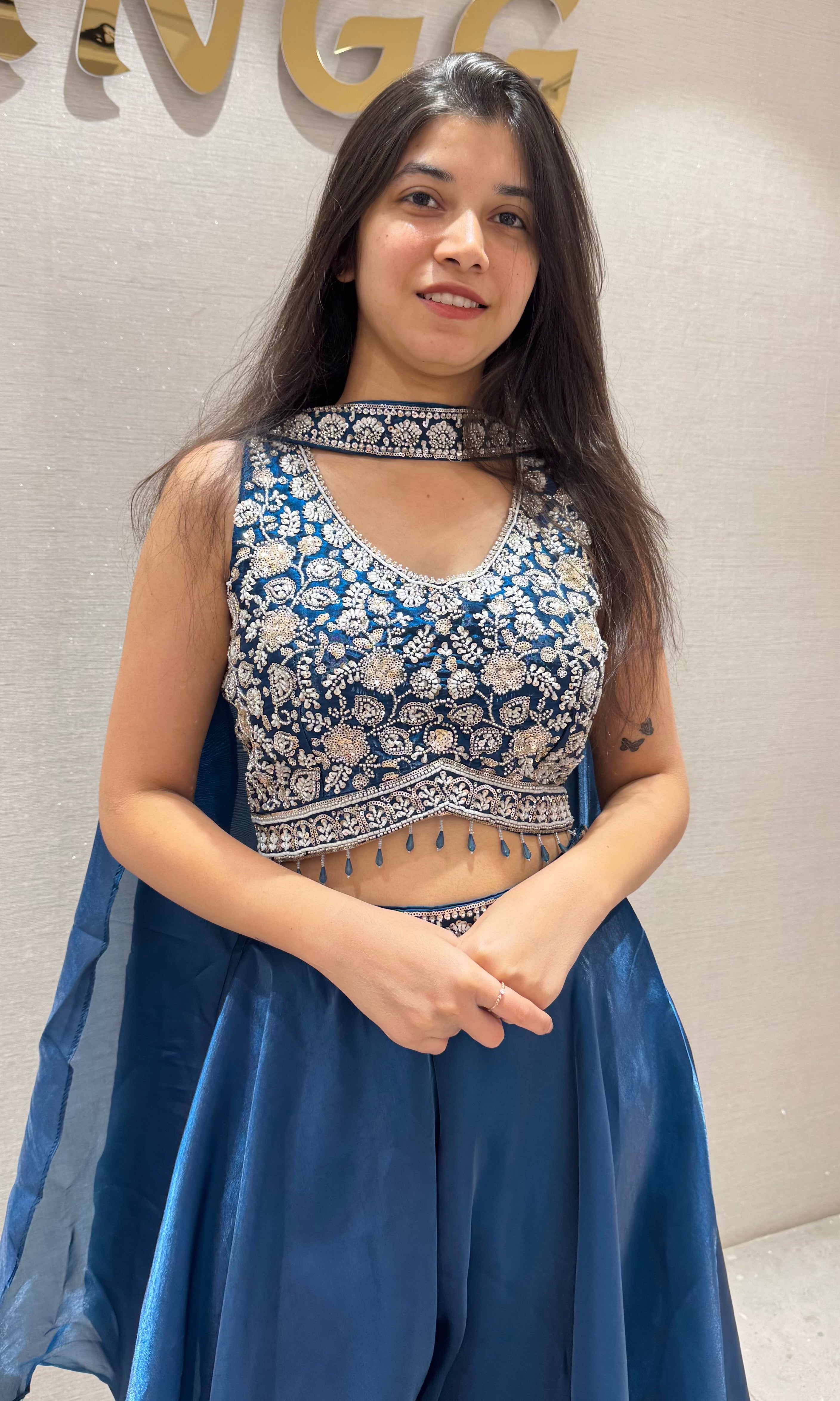 Teal Blue embroidered Crop Top Palazzo set
