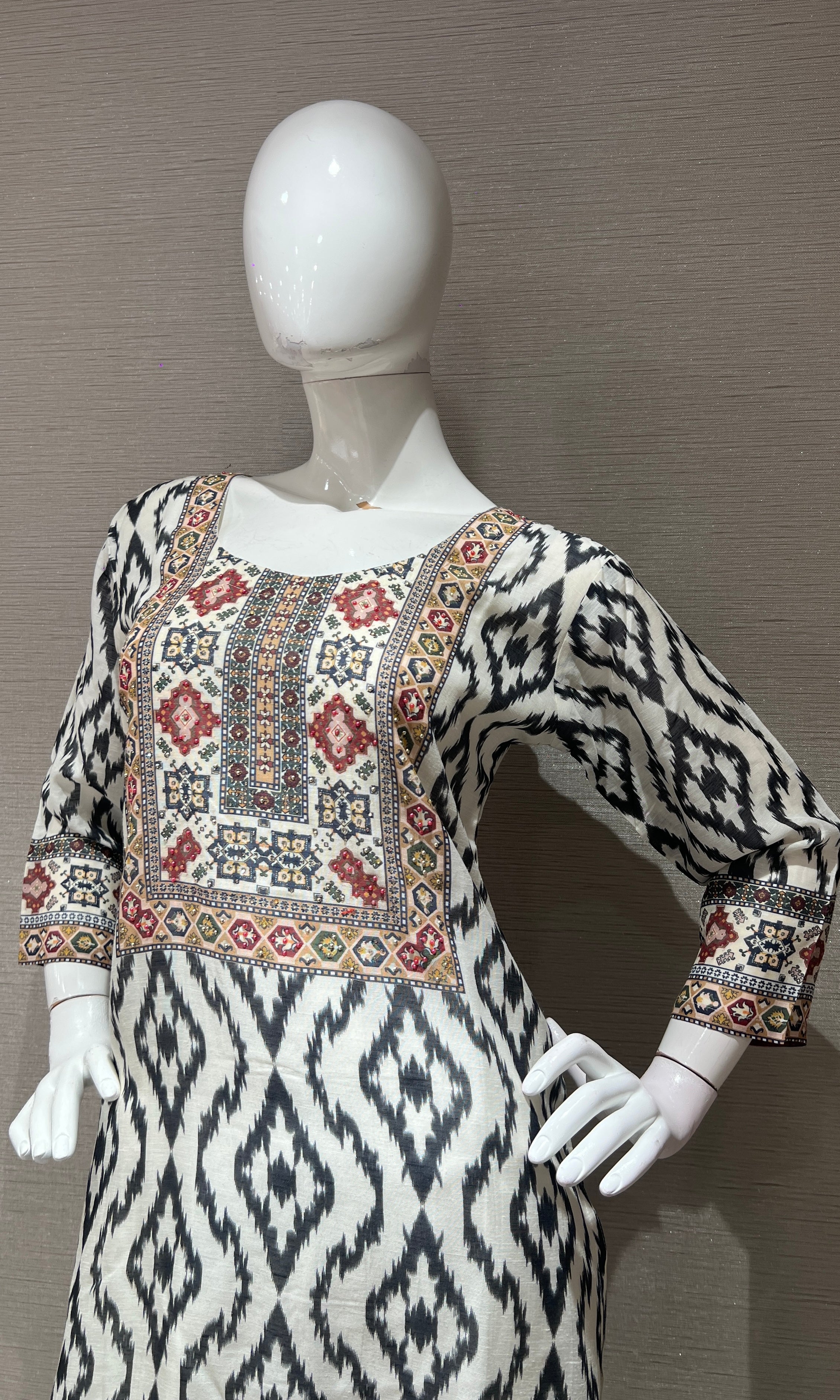 Black & White Geometric Kurta with Printed Dupatta