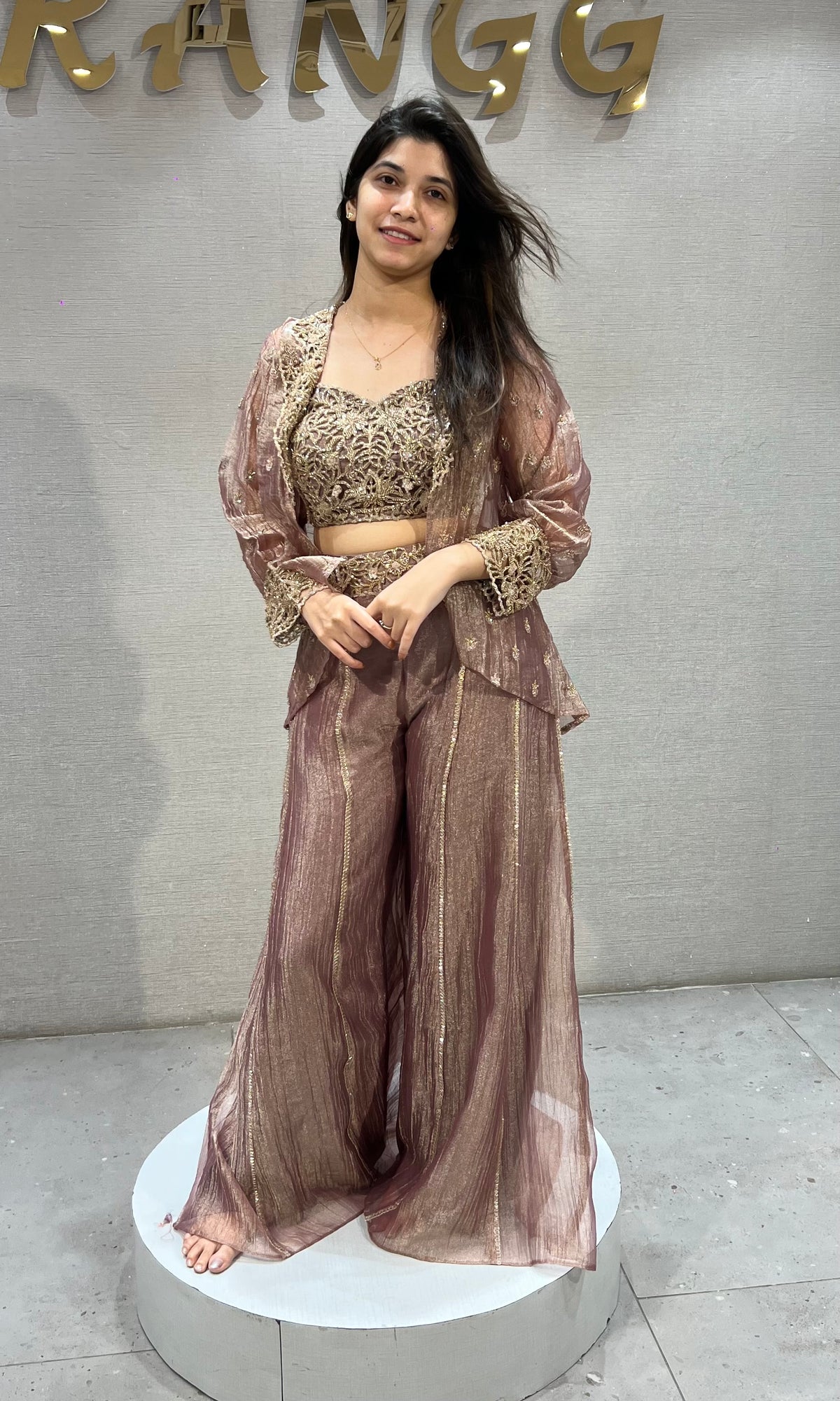 Elegant Rose Gold Shimmer Crop top Palazzo Set