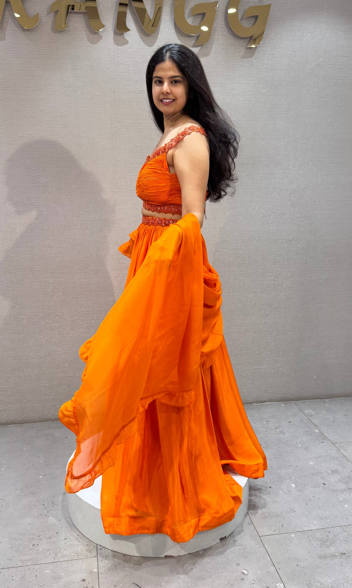 Orange cotton Embellished Crop Top Lehenga
