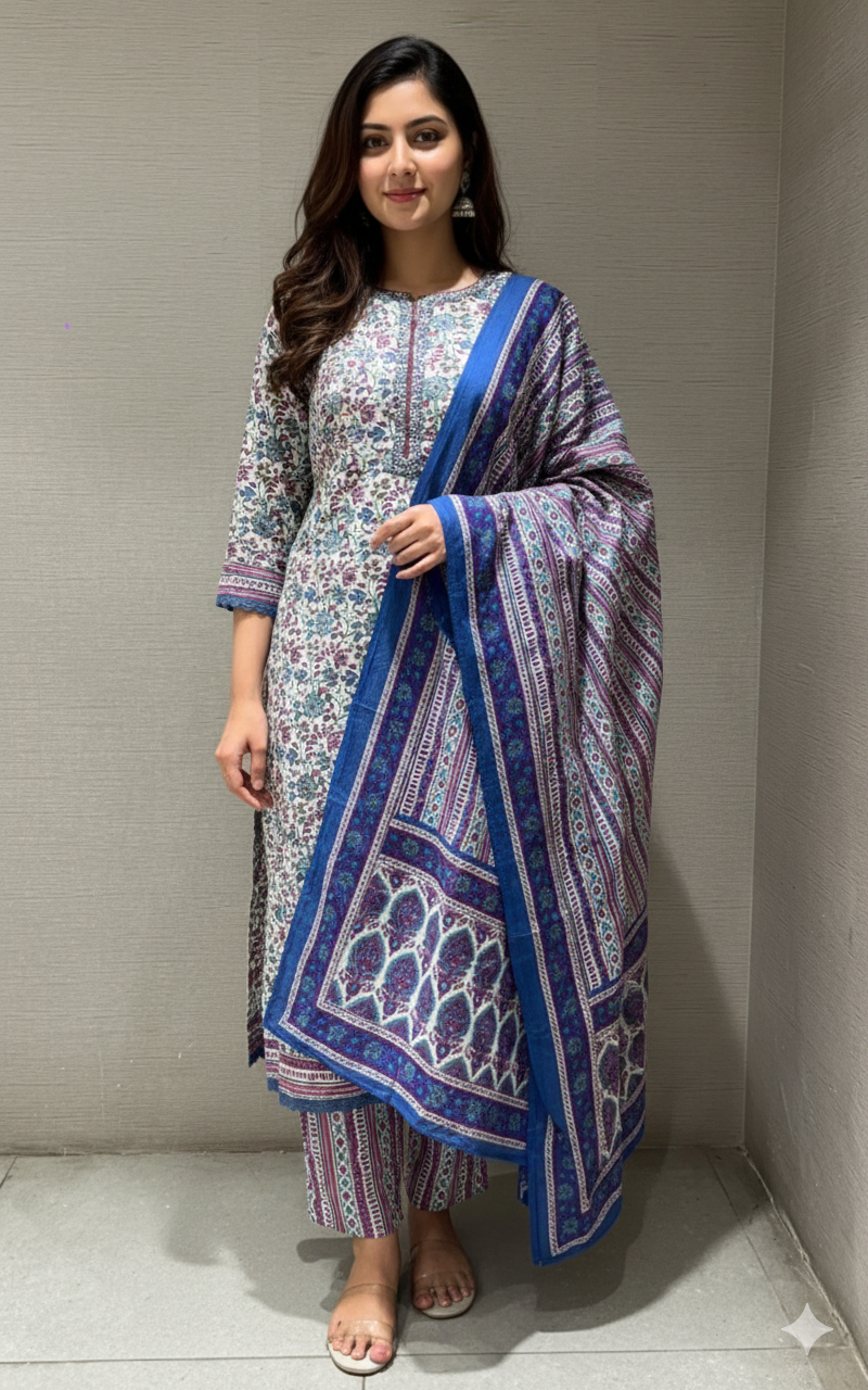 BLUE ETHNIC PRINTED KURTA SET