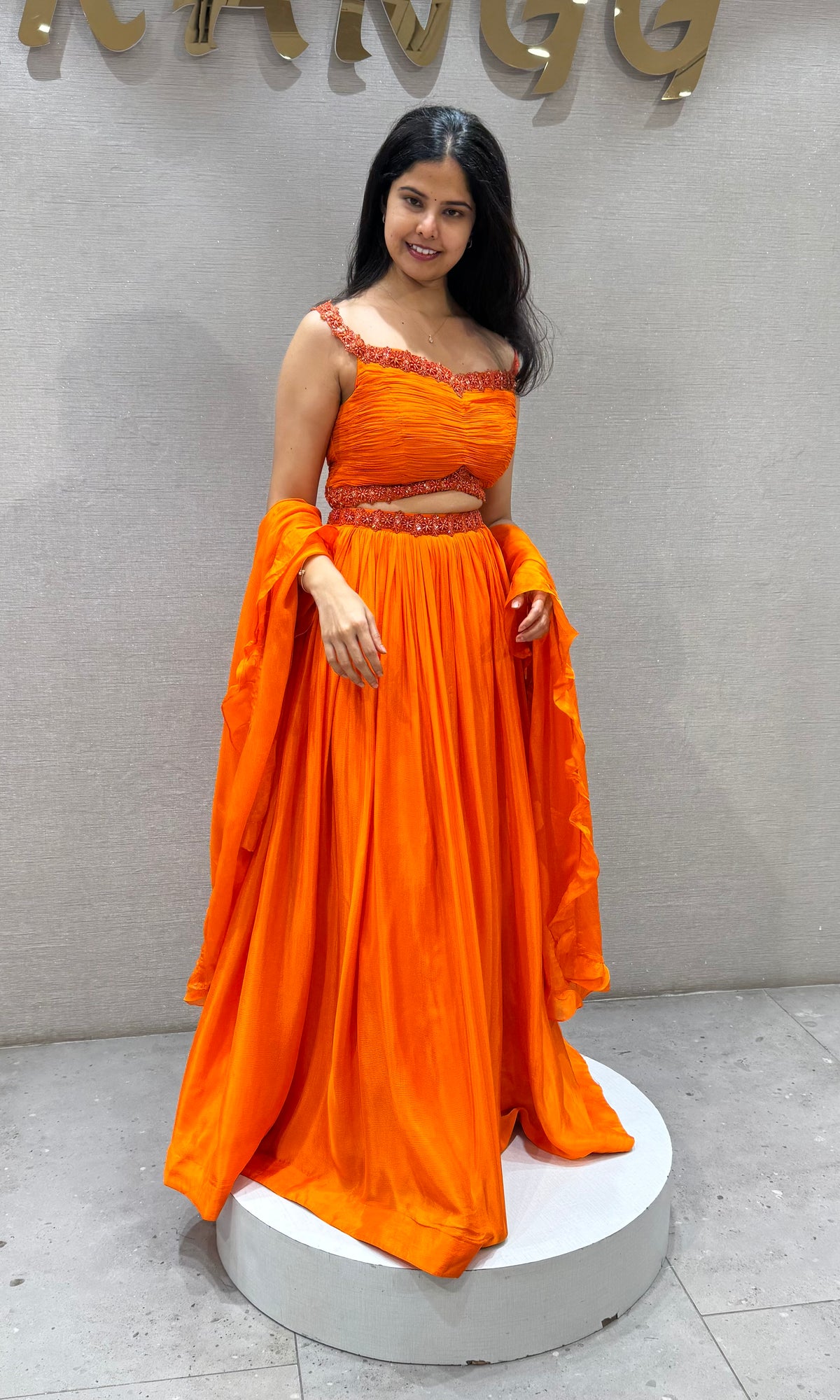 Orange cotton Embellished Crop Top Lehenga