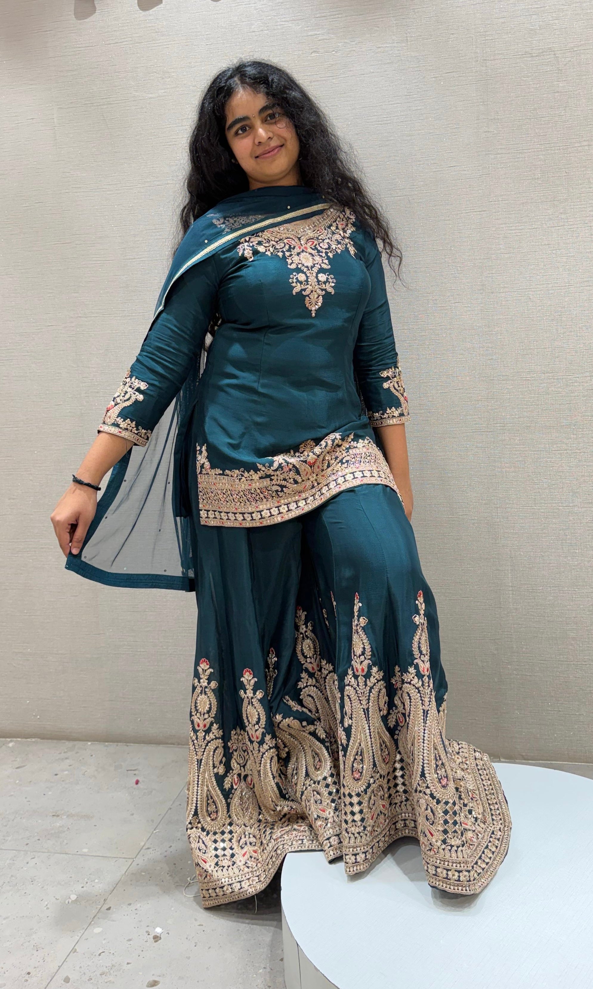 BOTTEL Green Silk Embroidery Sharara Suit