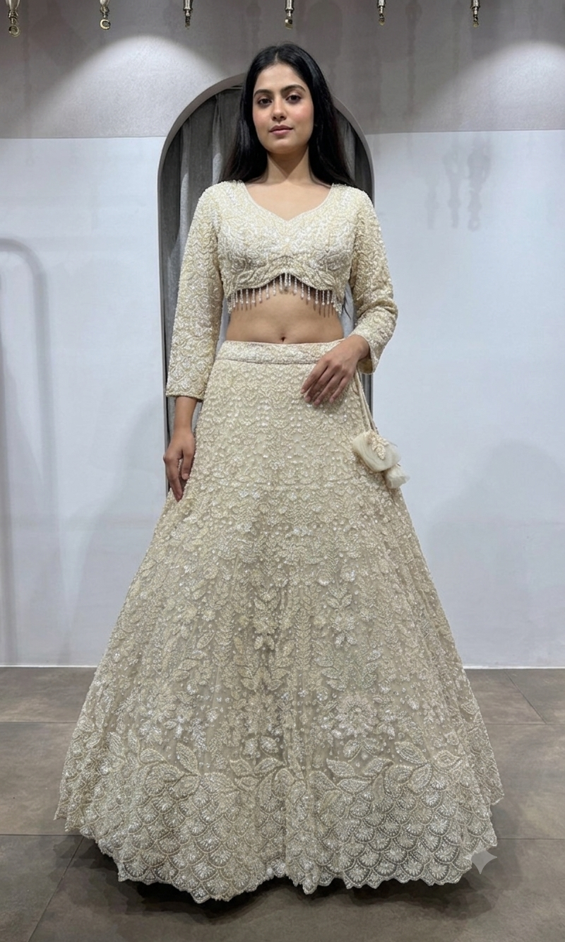 Cream Crystal bridal lehenga