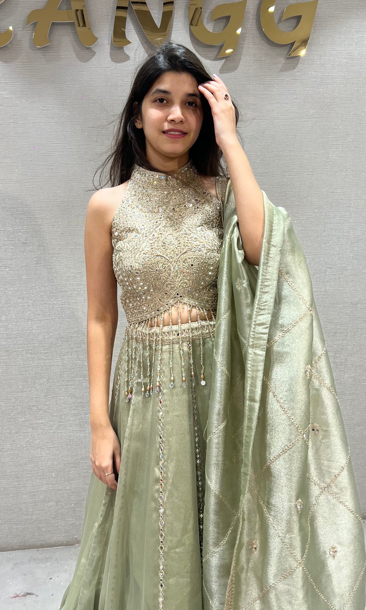 Mint Crush tissue silk Sequined Halter Lehenga set