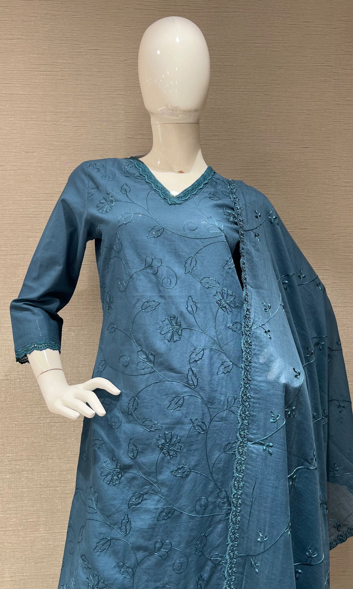 Blue Cotton Kurta Set with Pink Floral Embroidery