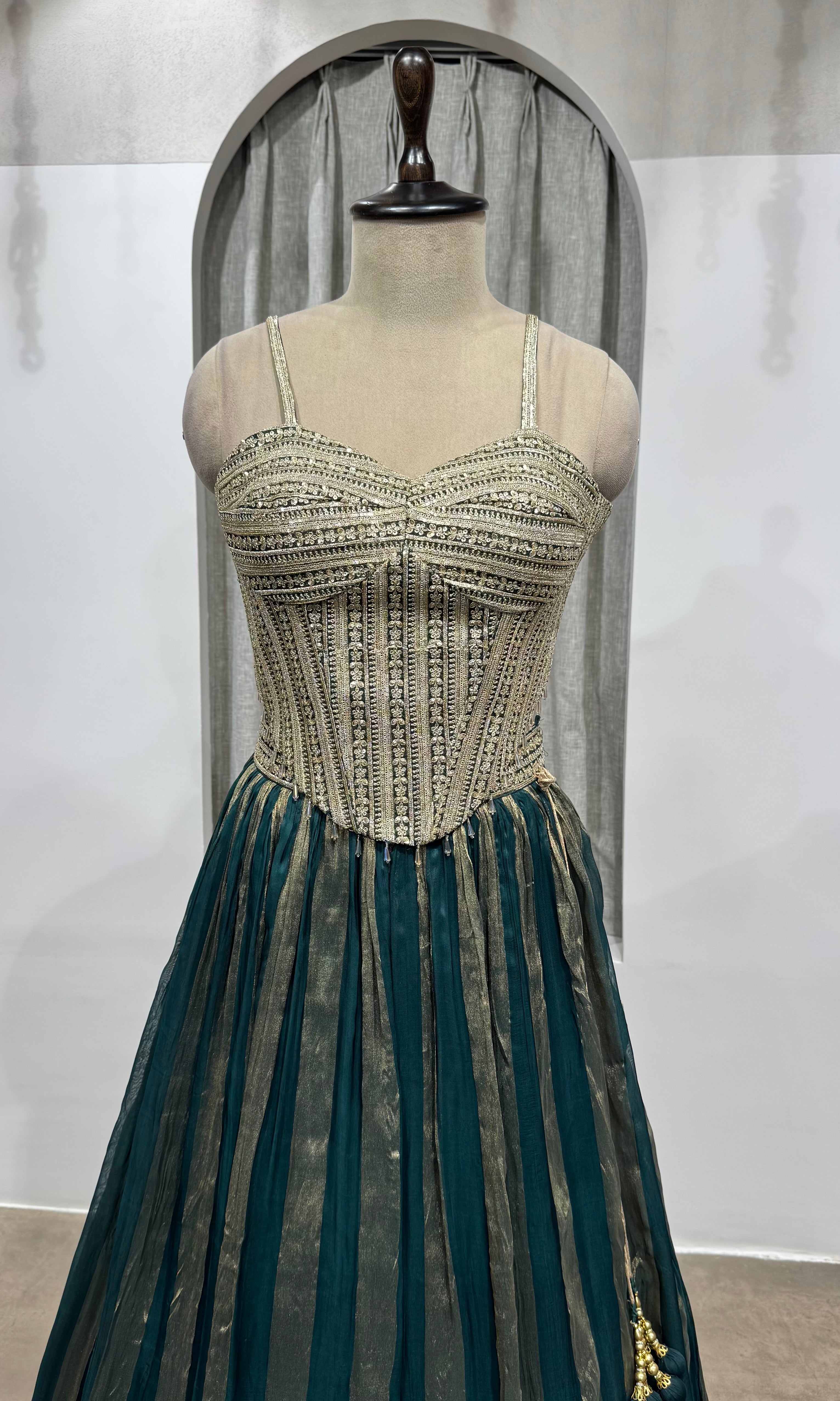 green and gold striped corset lehenga