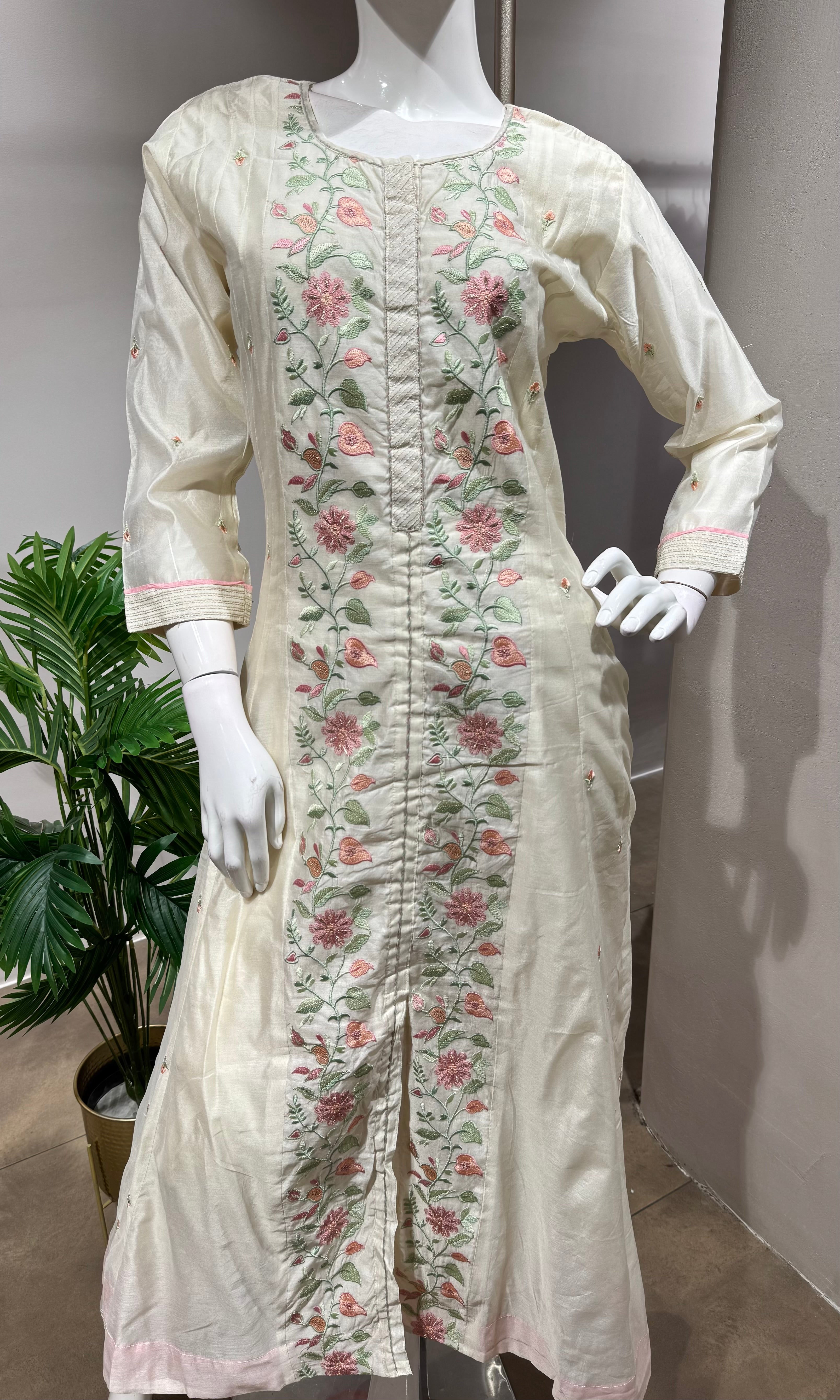 Cream Floral front slit Anarkali set