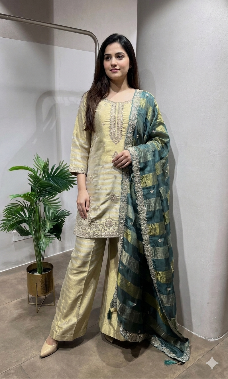 BOTTLE GREEN golden tissue sharara set