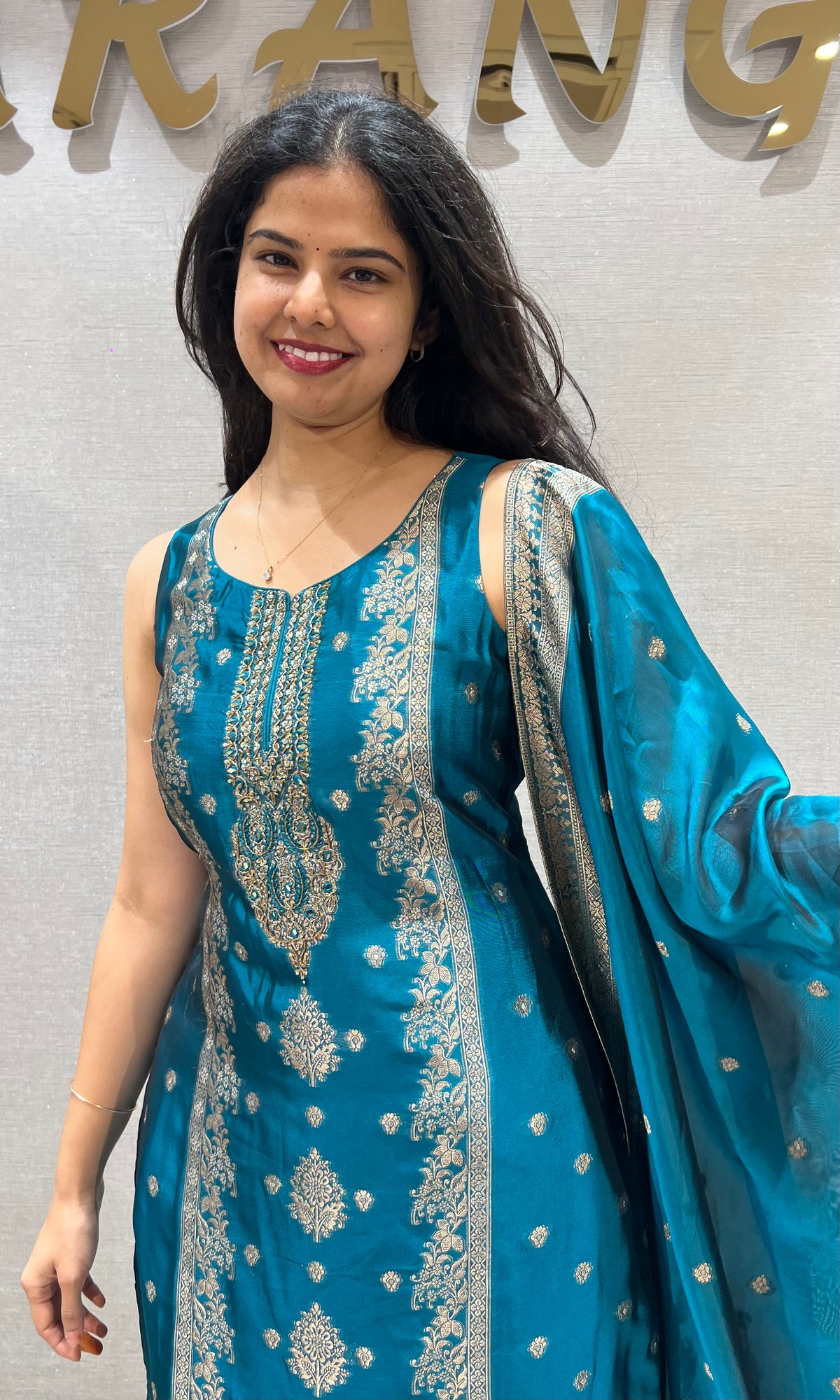 Peacock Blue & Golden silk Ethnic Kurta set with Dupatta