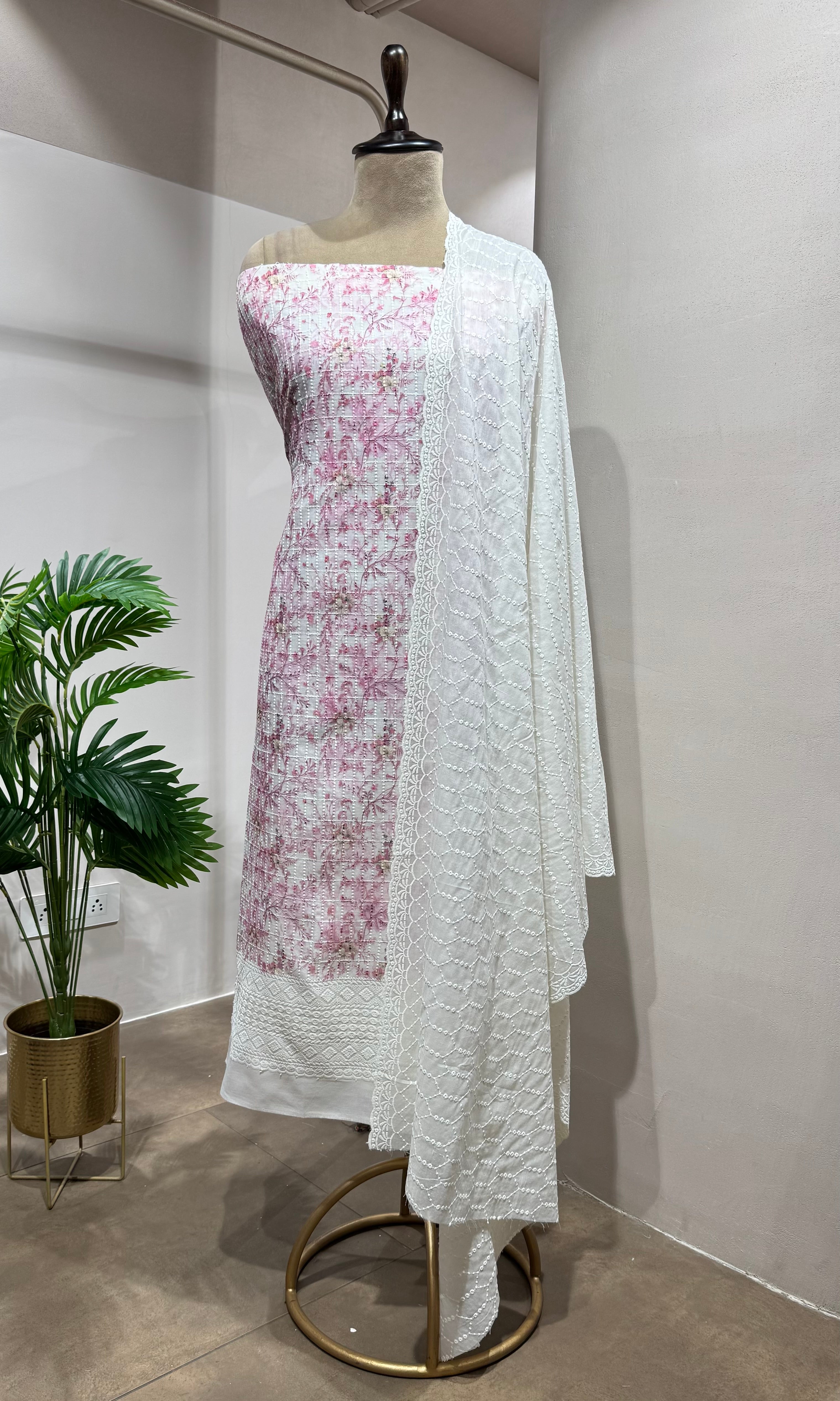 Pink Floral Chikankari DRESS MATERIAL
