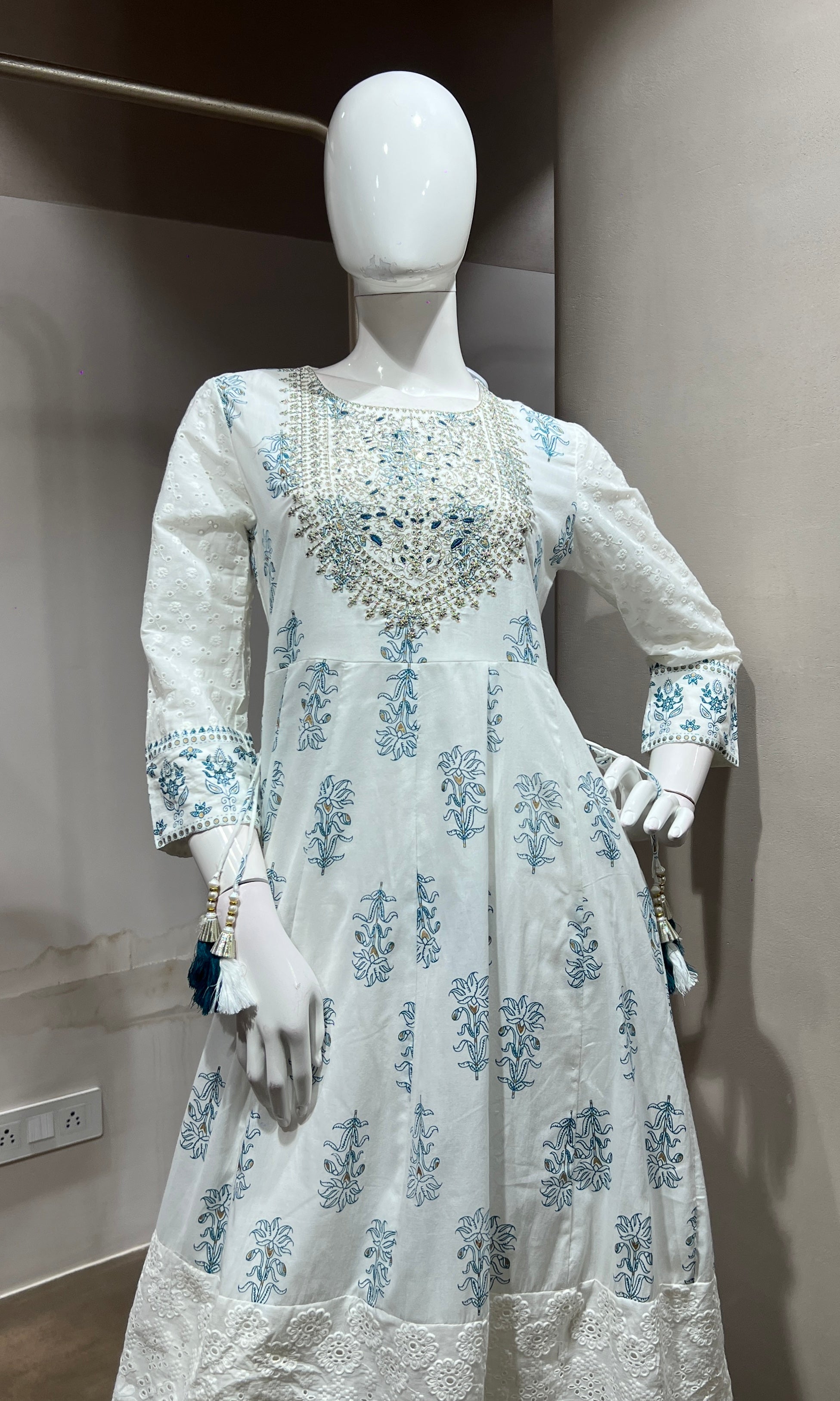 White and Sky Blue Floral Printed Anarkali Set