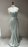 GREEN EMBELLISHED DRAPE SAREE WITH BELT