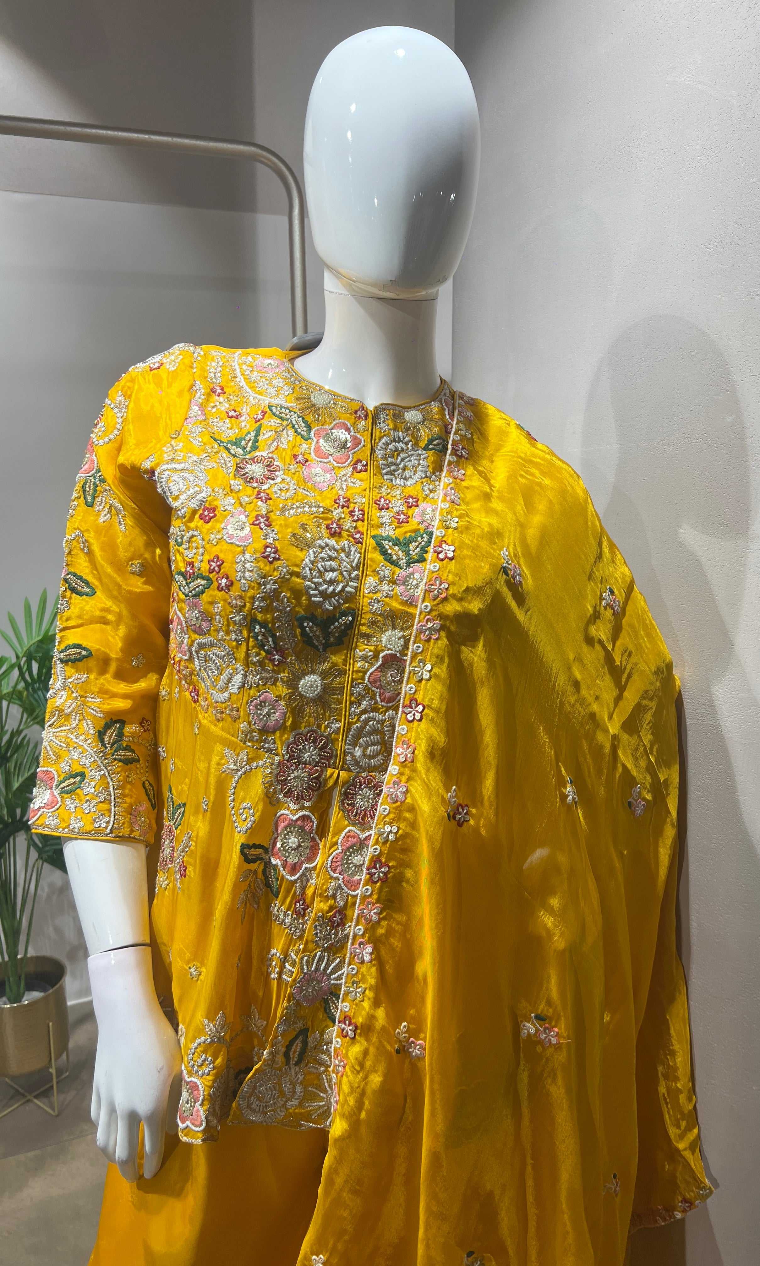 Yellow Palazzo Set with Floral Embroidery
